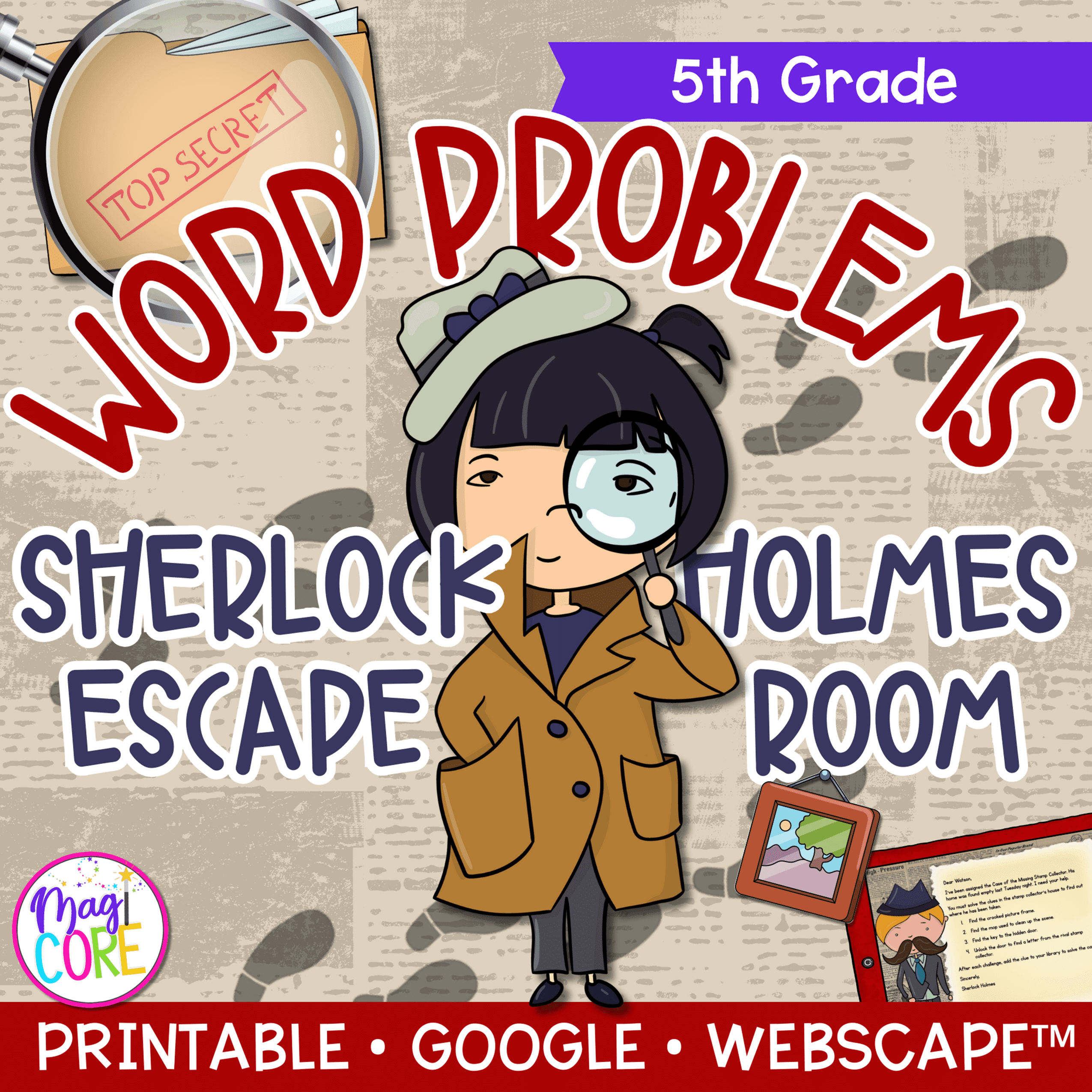 Word Problems Sherlock Holmes Math Escape Room & Webscape™ - 5th Grade