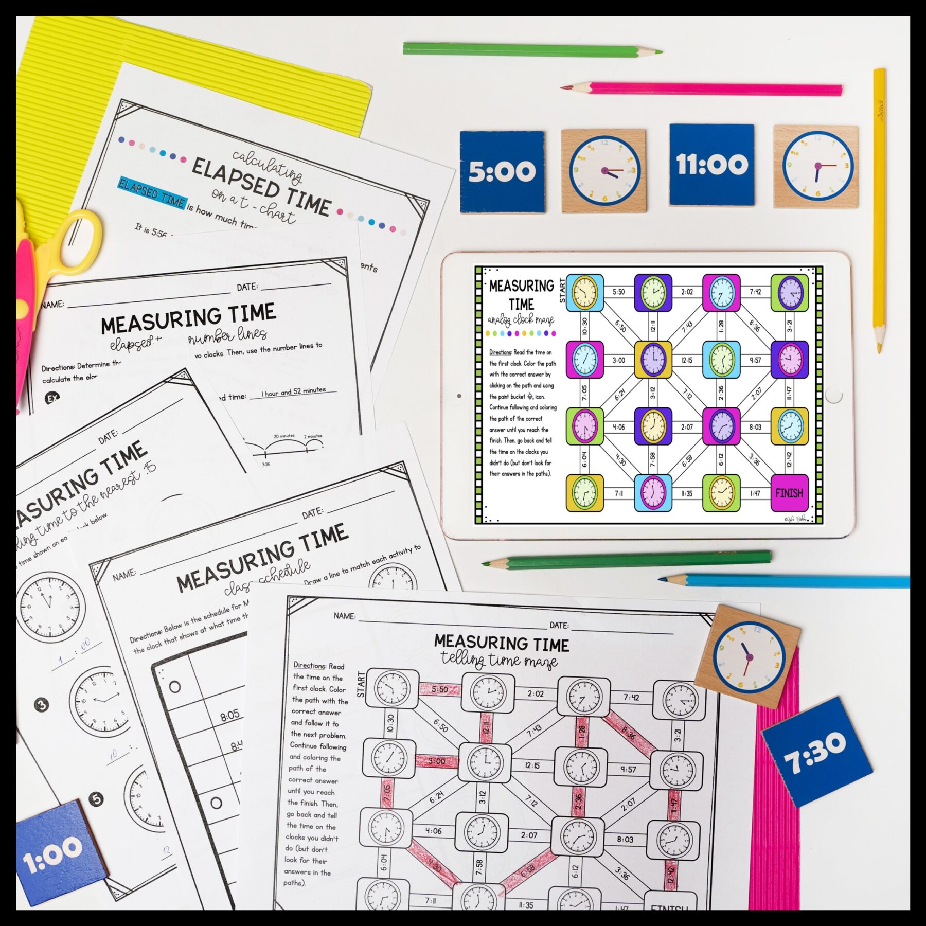 Telling Time to the Minute 3rd Grade Math Unit 3.MD.A.1 Worksheets Activities - Image 7