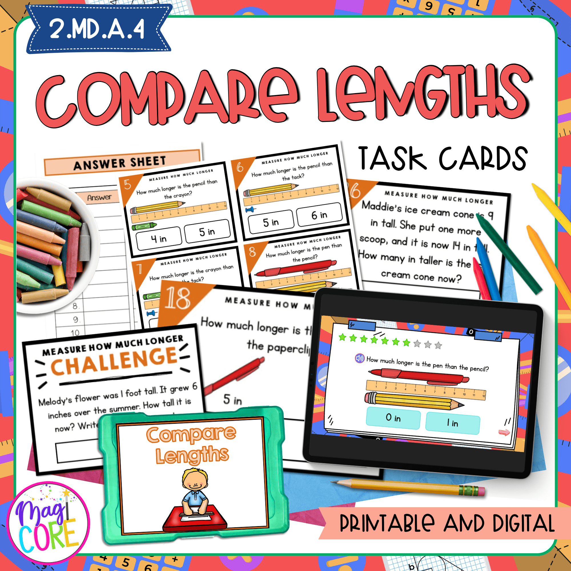 Compare Lengths - 2nd Grade Math Task Cards - Print & Digital - 2.MD.A.4