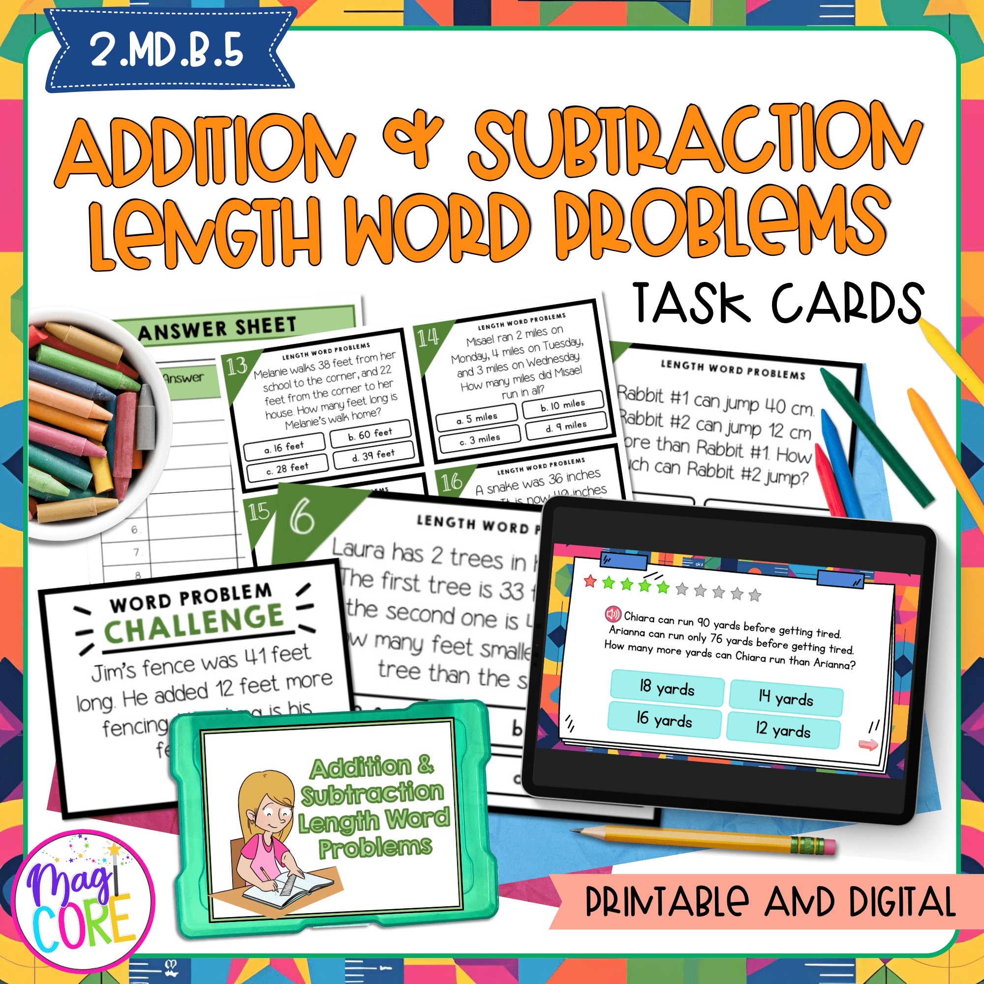 Addition & Subtraction Length Word Problems - 2nd Grade Task Cards - 2.MD.B.5