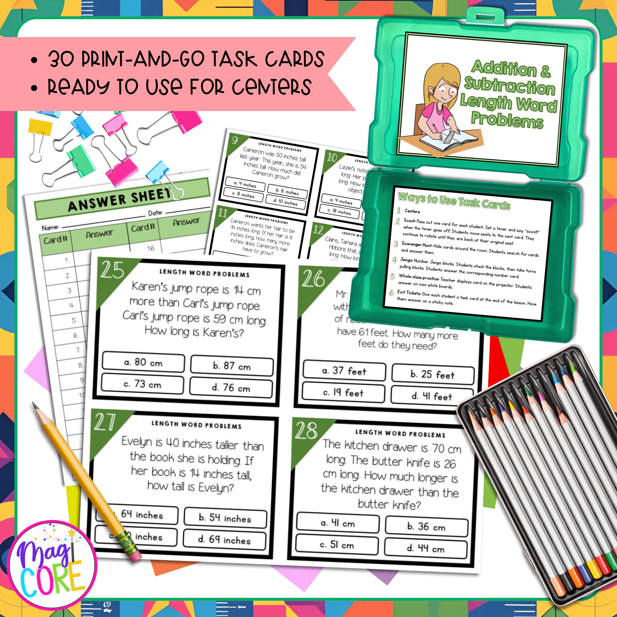 Addition & Subtraction Length Word Problems - 2nd Grade Task Cards - 2.MD.B.5 - Image 2