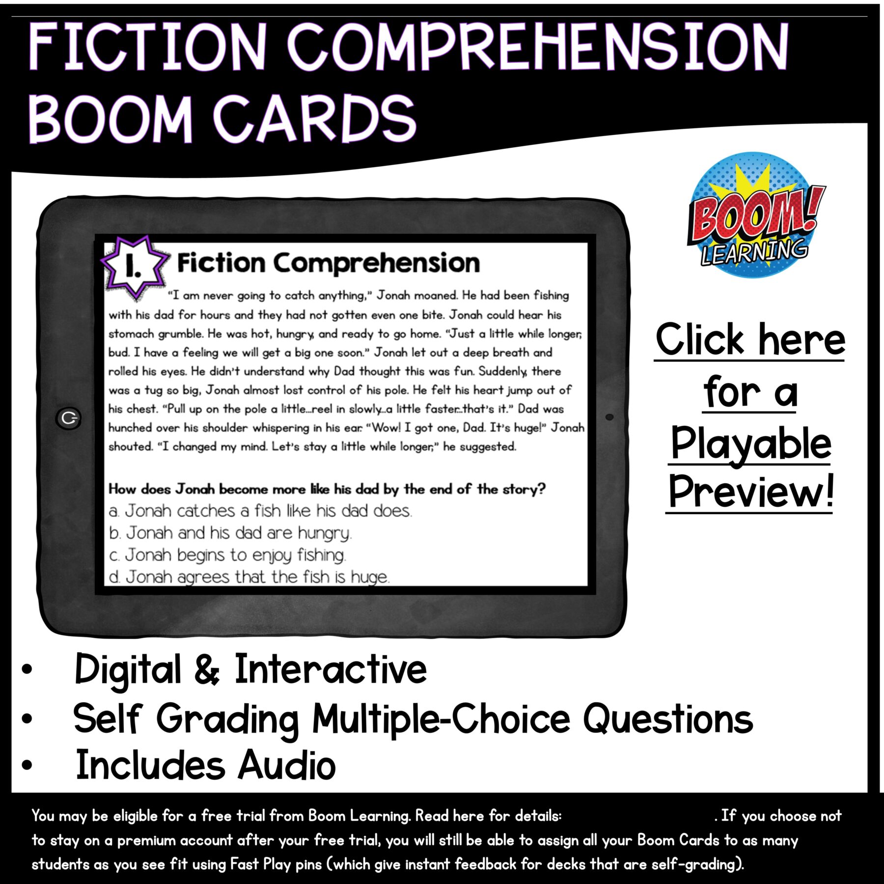 Fiction Comprehension Digital Task Cards with Audio Reading - 4th & 5th Grade - Image 2