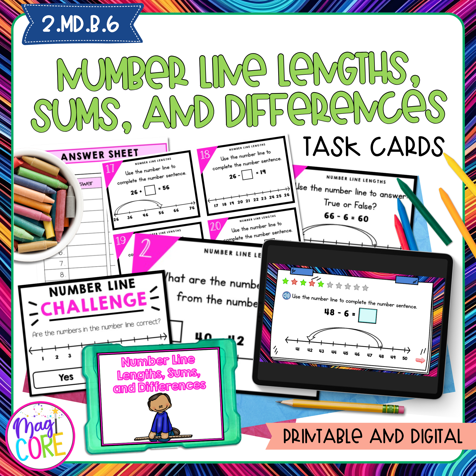 Number Line Lengths, Sums, & Differences - 2nd Grade Math Task Cards - 2.MD.B.6