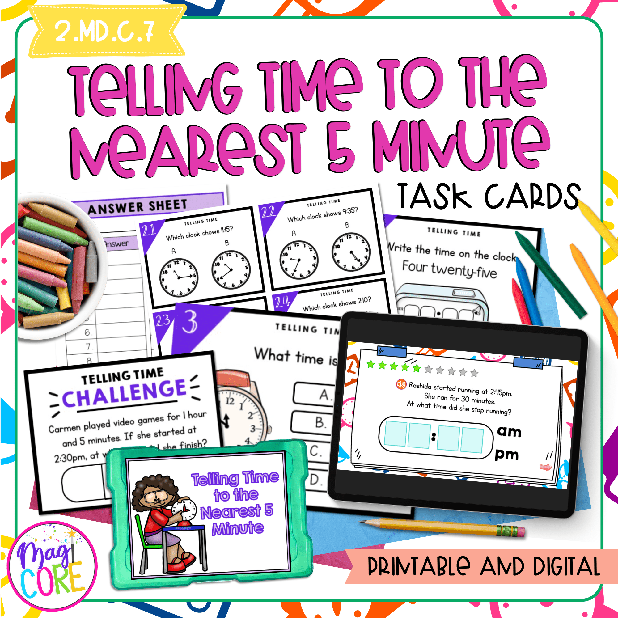 Telling Time to the Nearest 5 Minute - 2nd Grade Math Task Cards - 2.MD.C.7