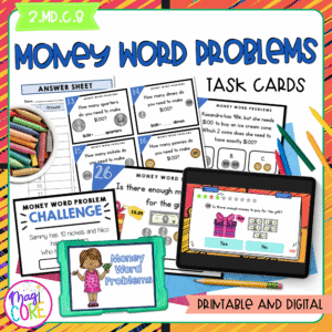 Money Word Problems - 2nd Grade Math Task Cards - Print & Digital - 2.MD.C.8