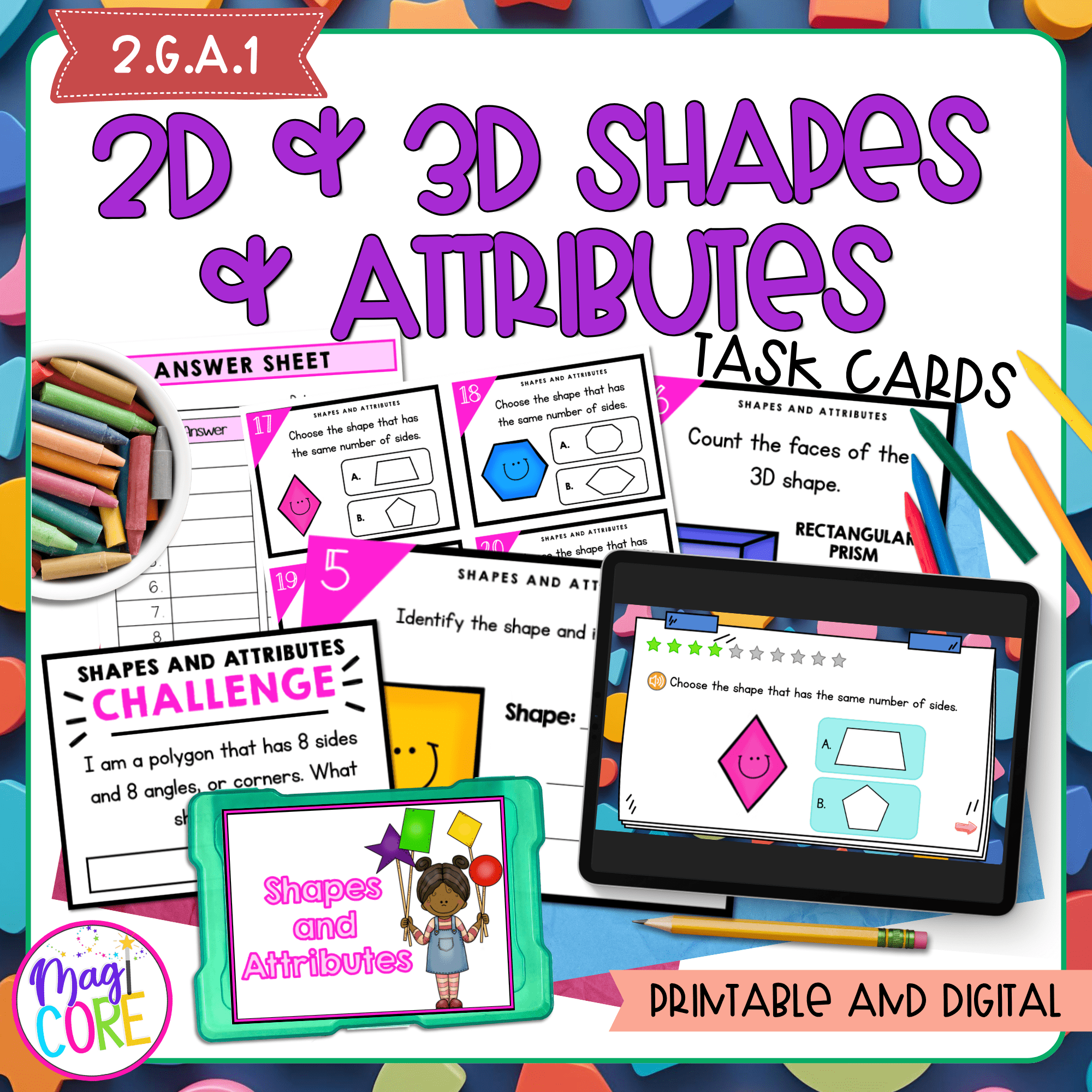 2D & 3D Shapes & Attributes - 2nd Grade Math Task Cards - 2.G.A.1