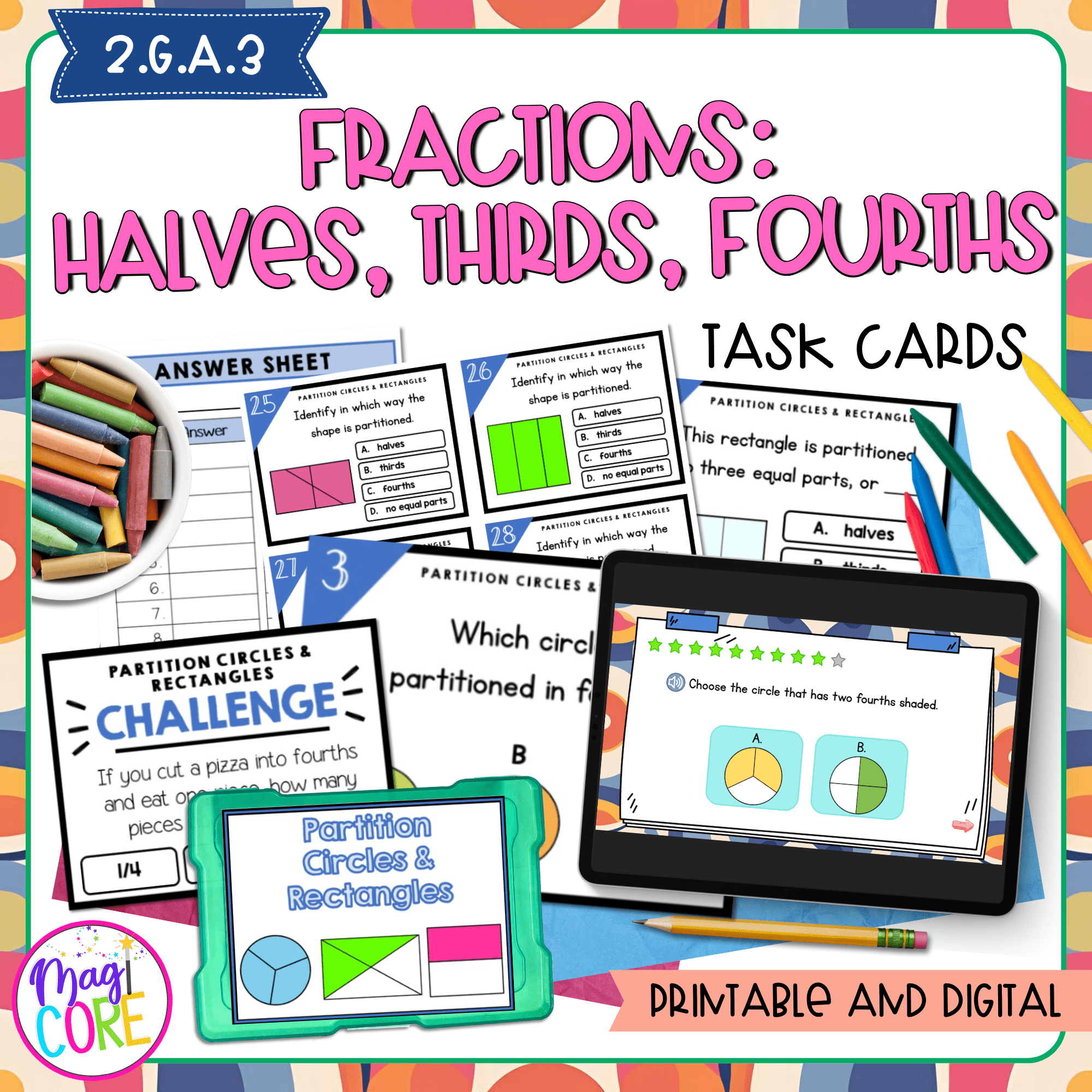 Fractions: Halves, Thirds, and Fourths - 2nd Grade Math Task Cards - 2.G.A.3