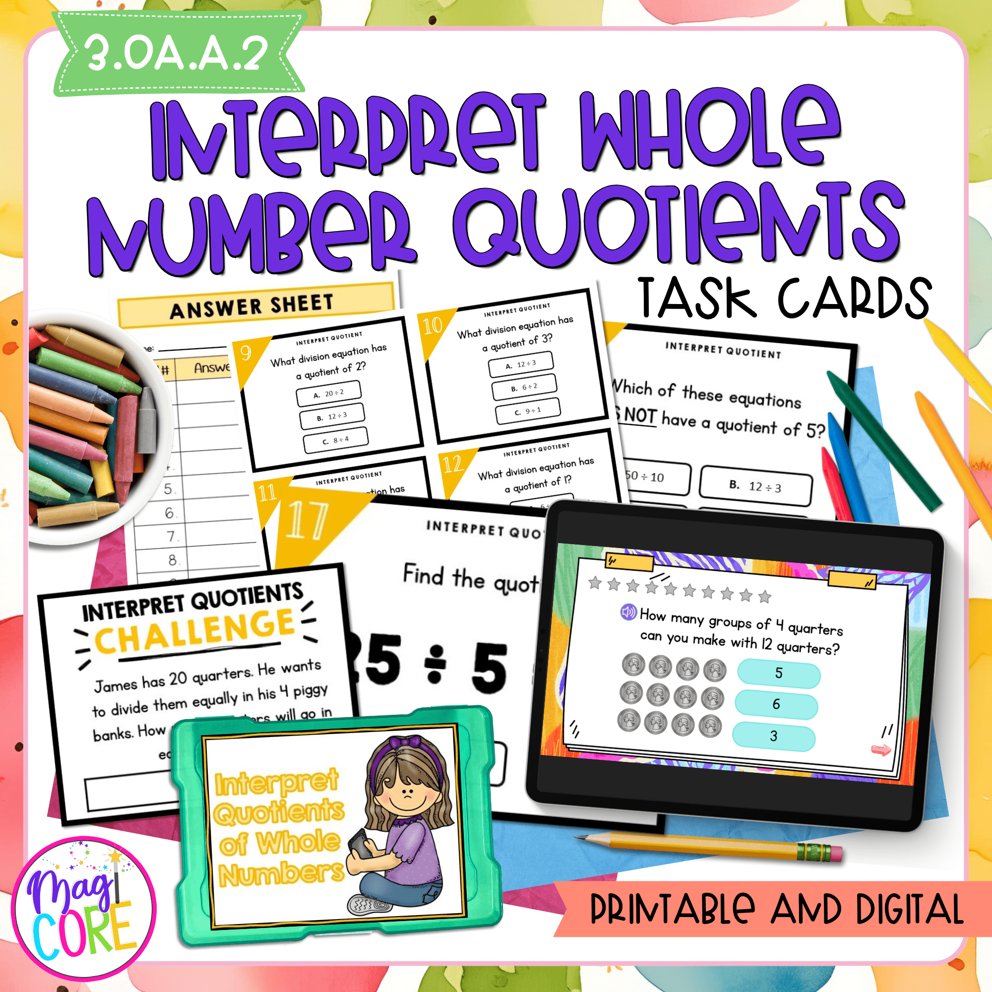 Interpret Whole Number Quotients - 3rd Grade Math Task Cards - 3.OA.A.2