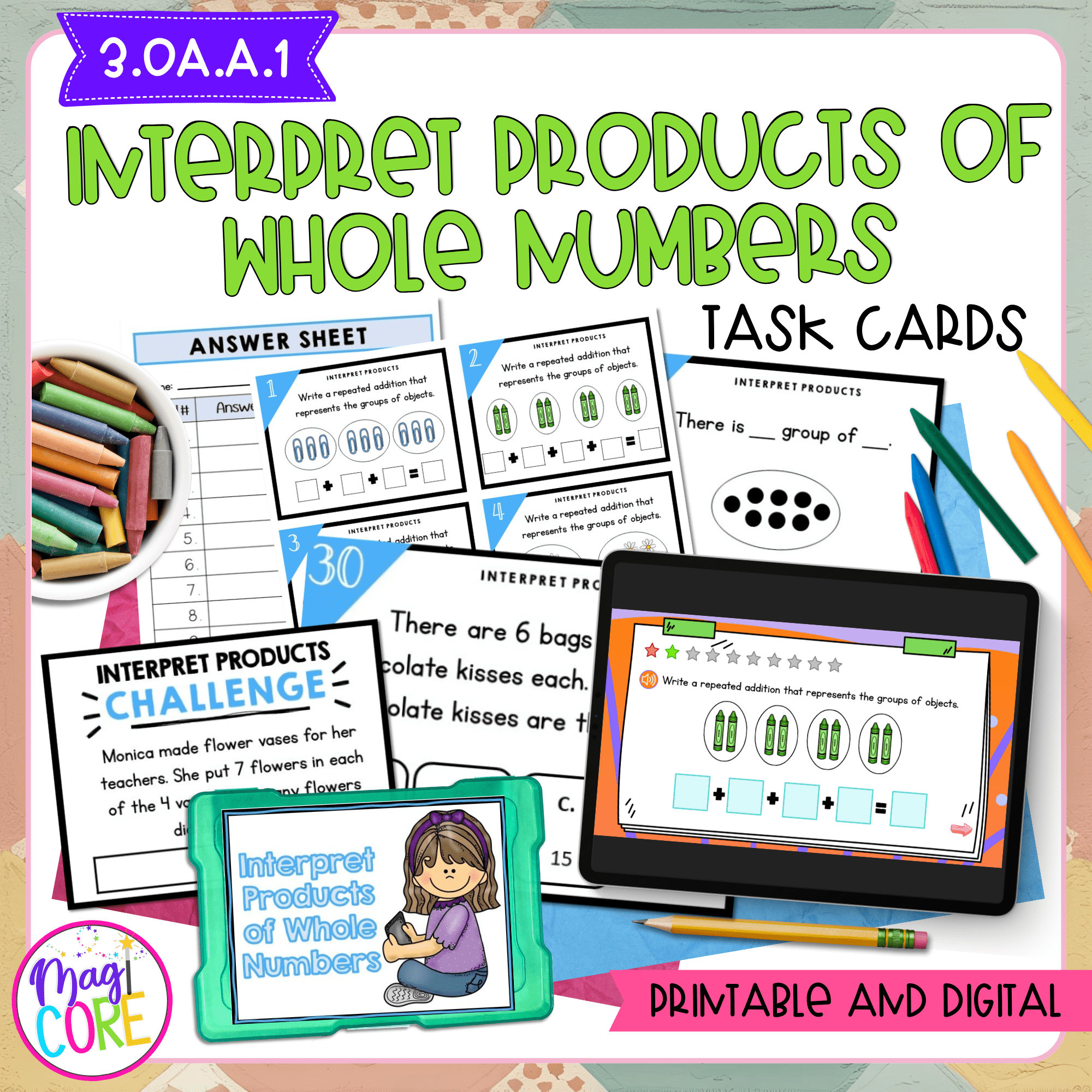 Interpret Products of Whole Numbers - 3rd Grade Math Task Cards - 3.OA.A.1