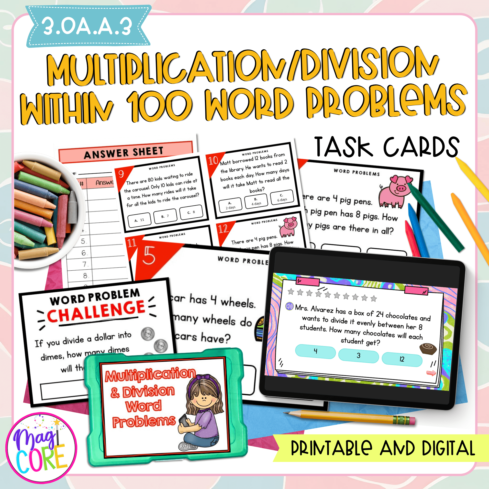 Multiplication/Division within 100 Word Problems - 3rd Grade Math Task Cards