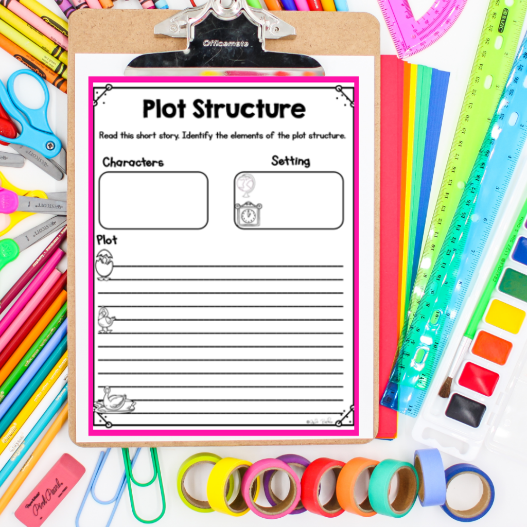 Teaching plot stucture anchor chart on clipboard with flatlay background