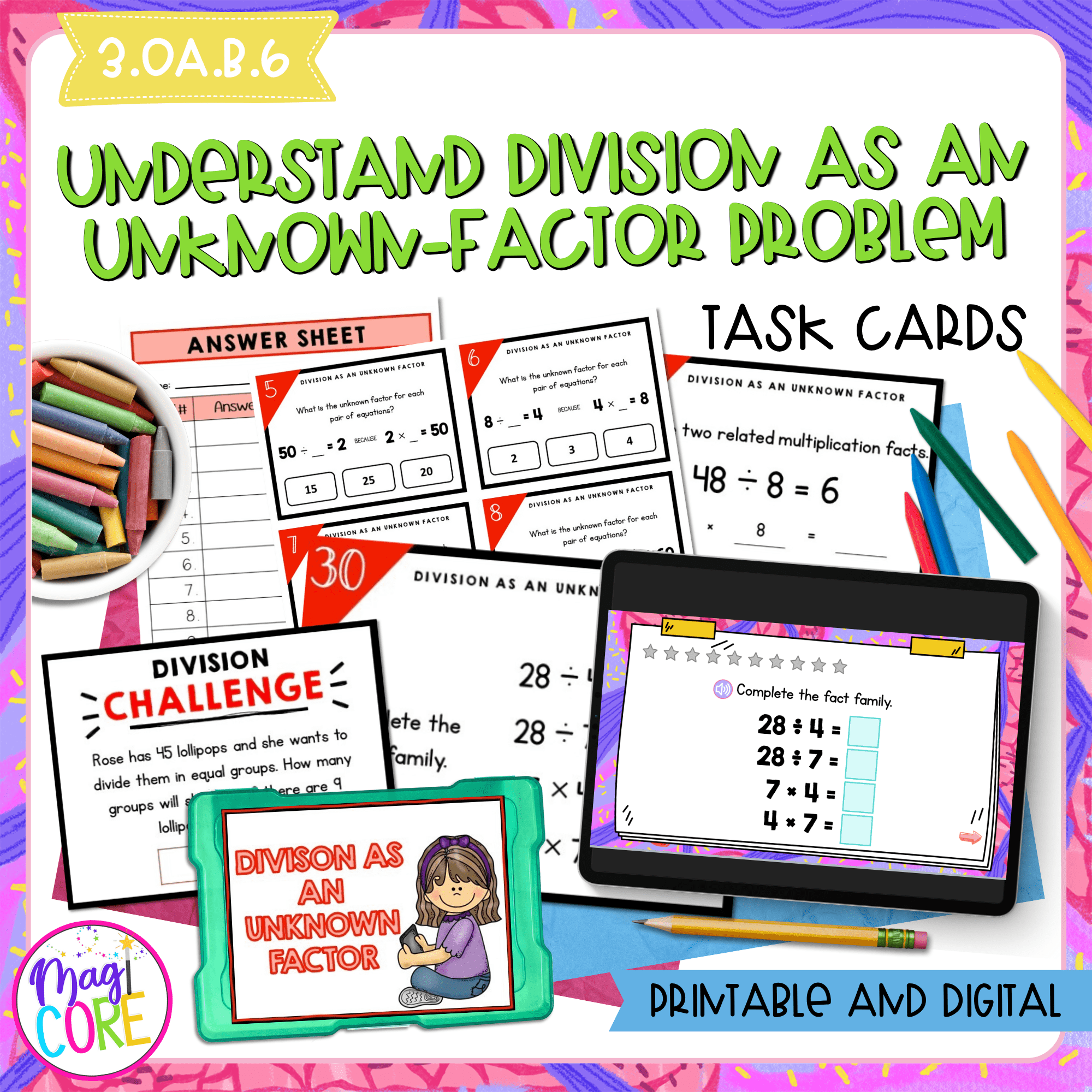 Division as an Unknown Factor - 3rd Grade Math Task Cards - 3.OA.B.6
