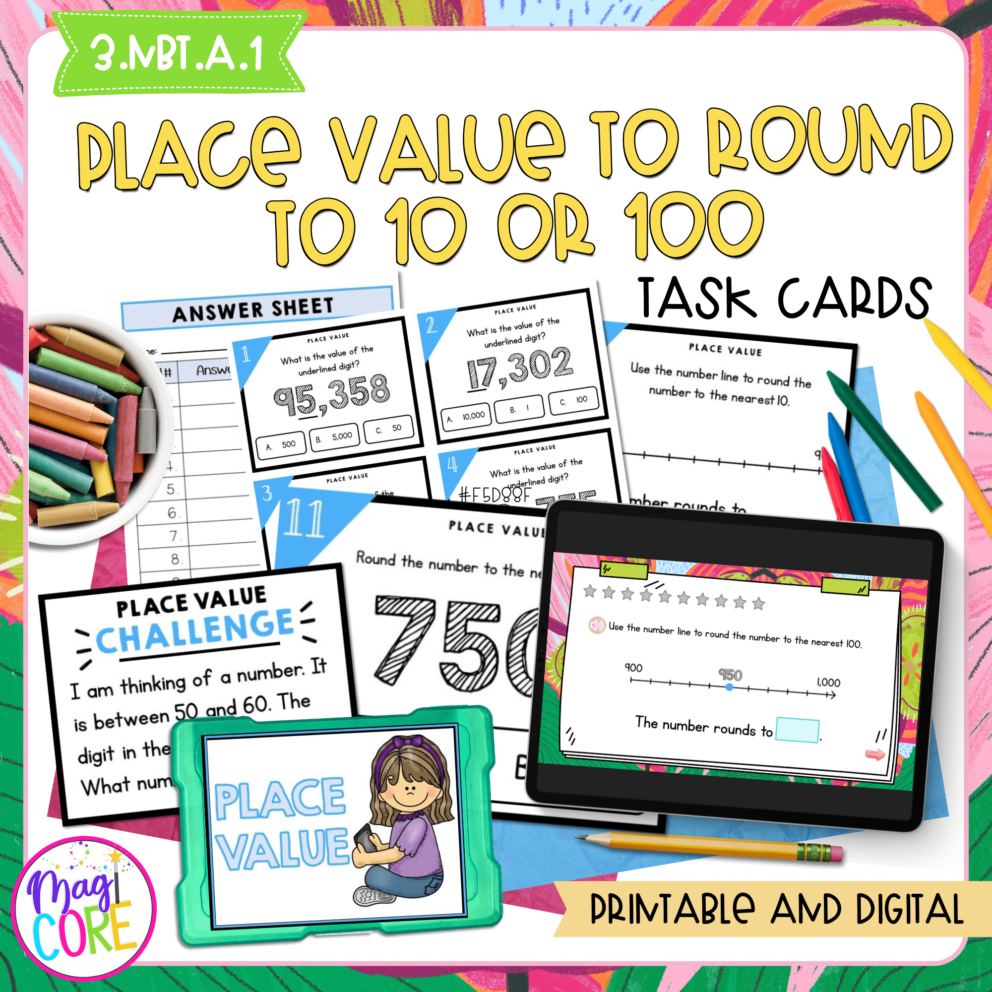 Place Value to Round to 10 or 100 - 3rd Grade Math Task Cards - 3.NBT.A.1