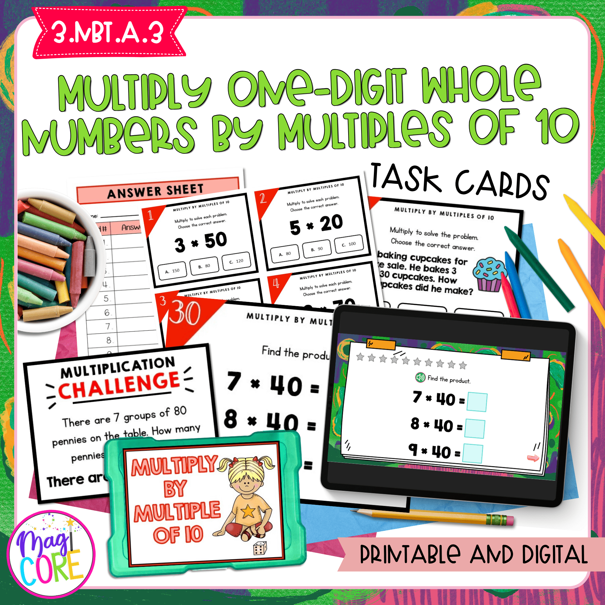 Multiply One-Digit Whole Numbers by Multiples of 10 - 3rd Grade Math Task Cards