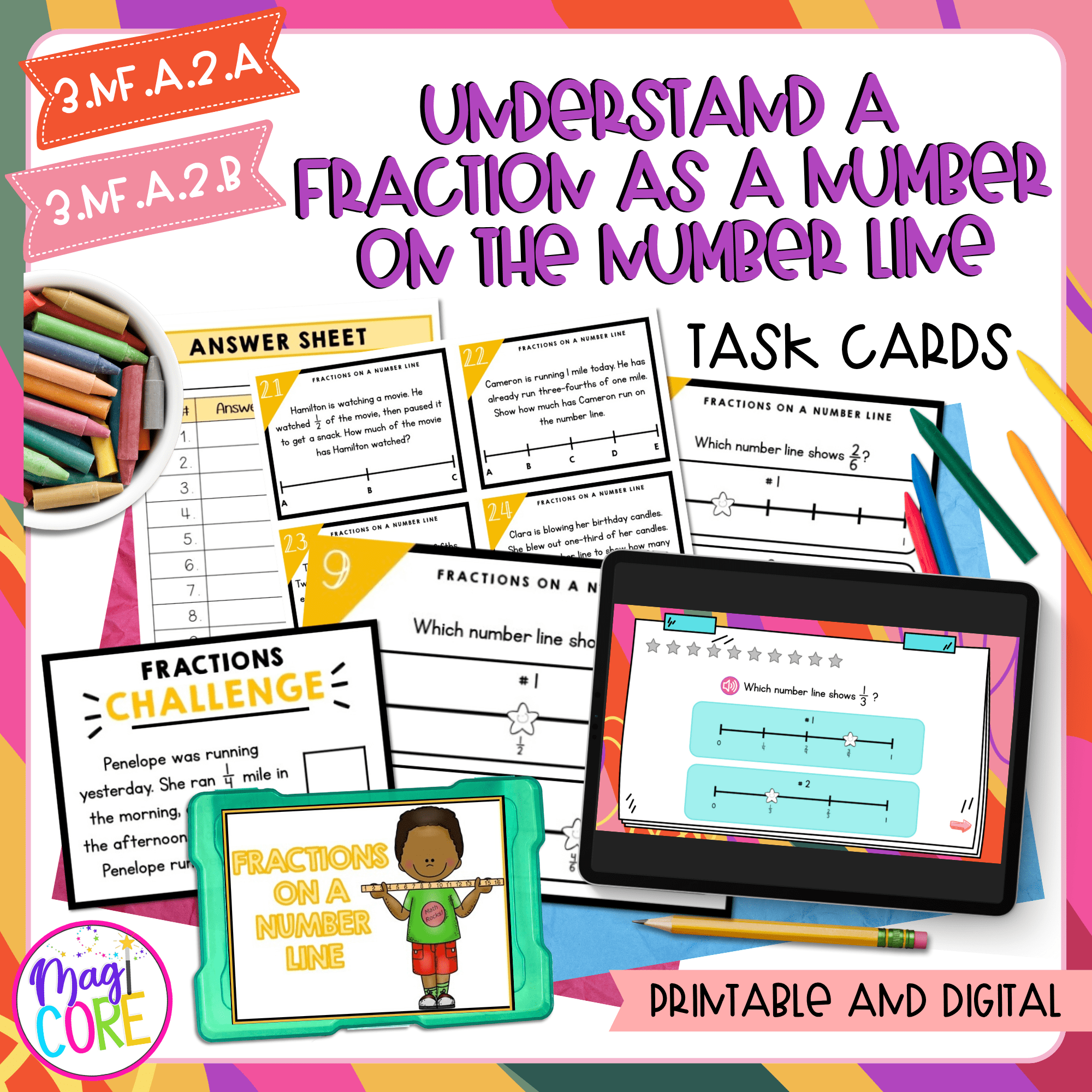 Fractions on a Number Line - 3rd Grade Math Task Cards - 3.NF.A.2