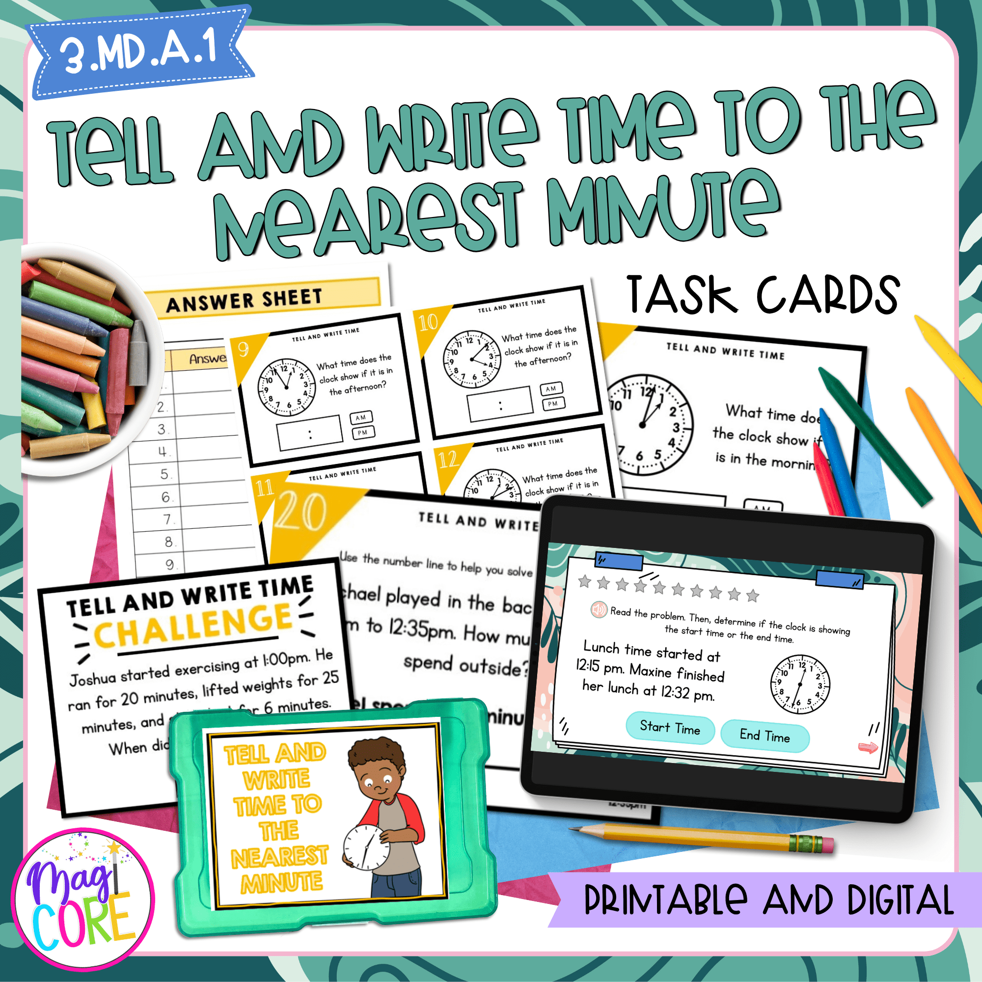 Tell & Write Time to the Nearest Minute - 3rd Grade Math Task Cards - 3.MD.A.1