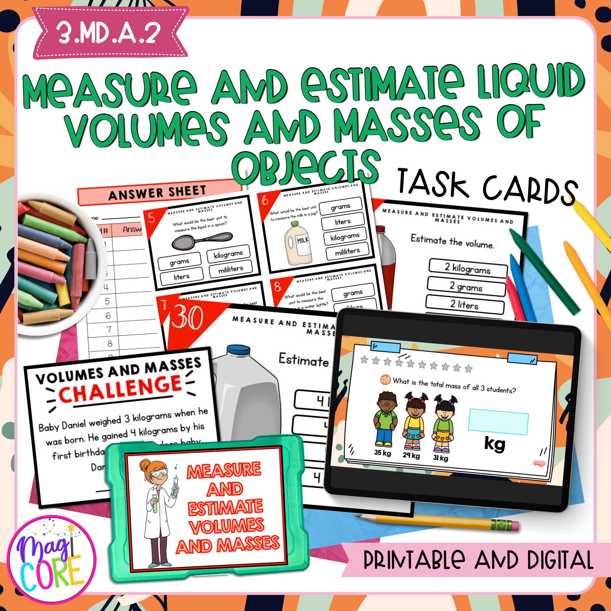 Measure & Estimate Volumes & Masses - 3rd Grade Math Task Cards - 3.MD.A.2