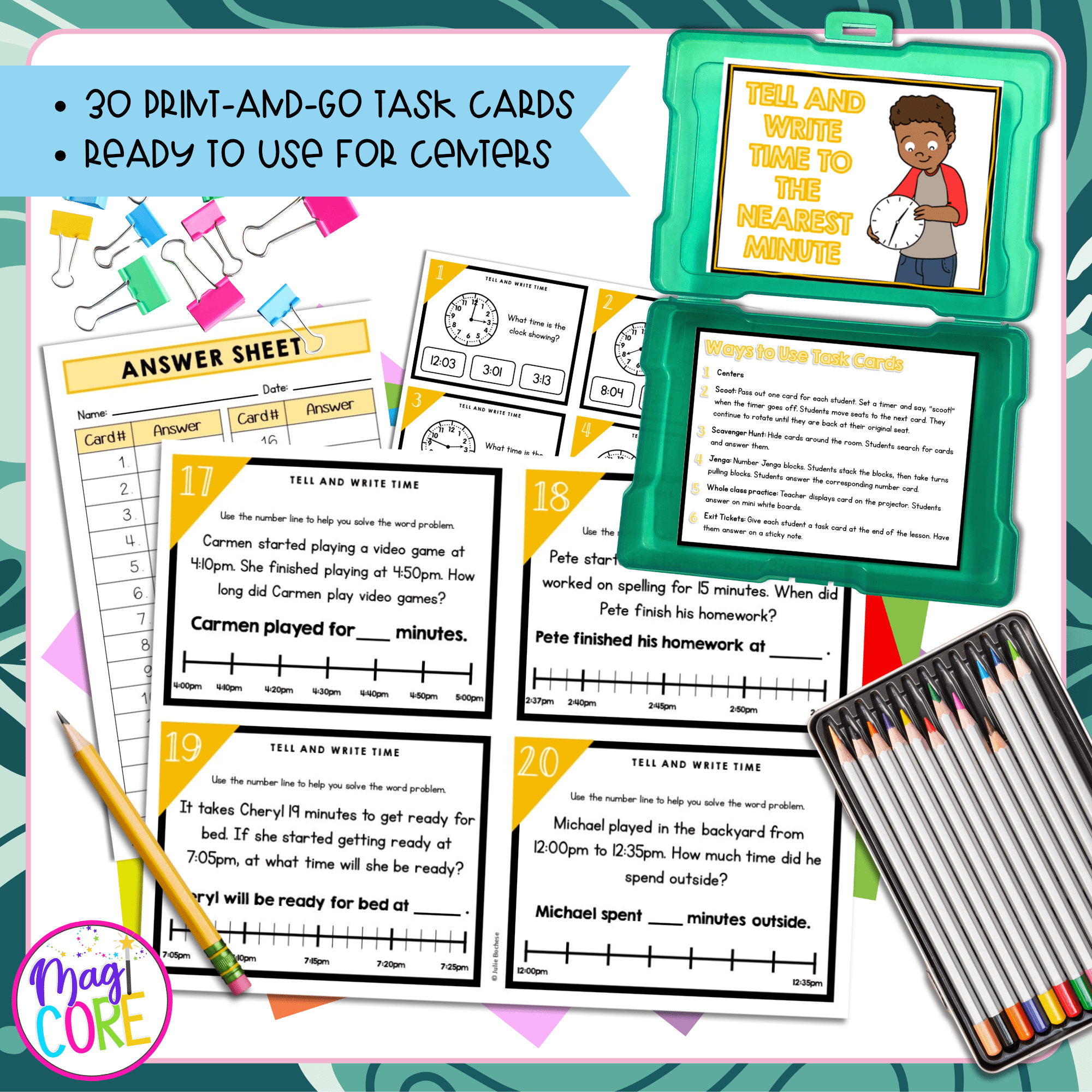 Tell & Write Time to the Nearest Minute - 3rd Grade Math Task Cards - 3.MD.A.1 - Image 2