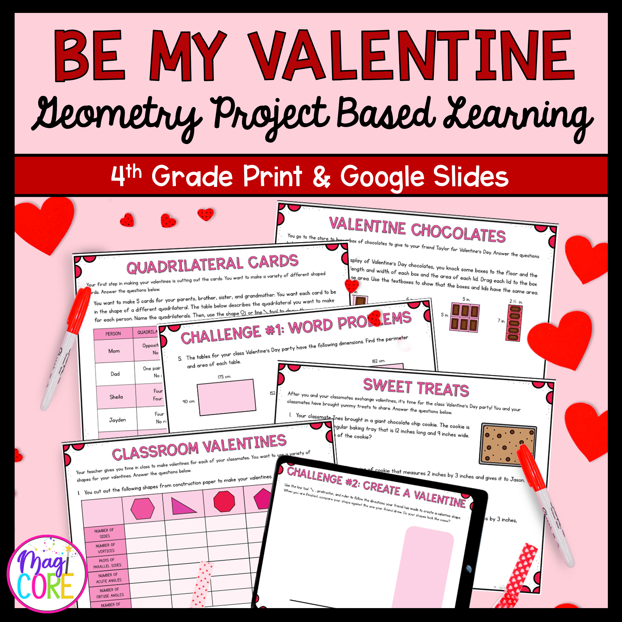 Be My Valentine Geometry Project Based Learning - 4th Grade - Print & Digital