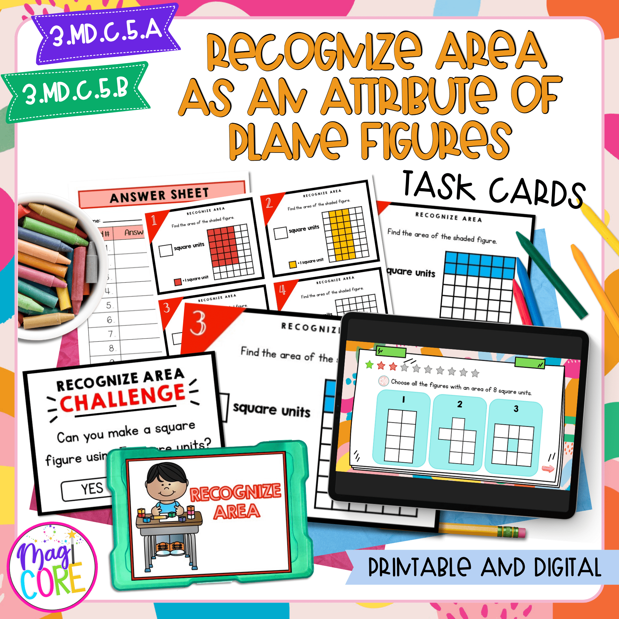 Recognize Area as an Attribute of Plane Figures - 3rd Grade Task Cards 3.MD.C.5