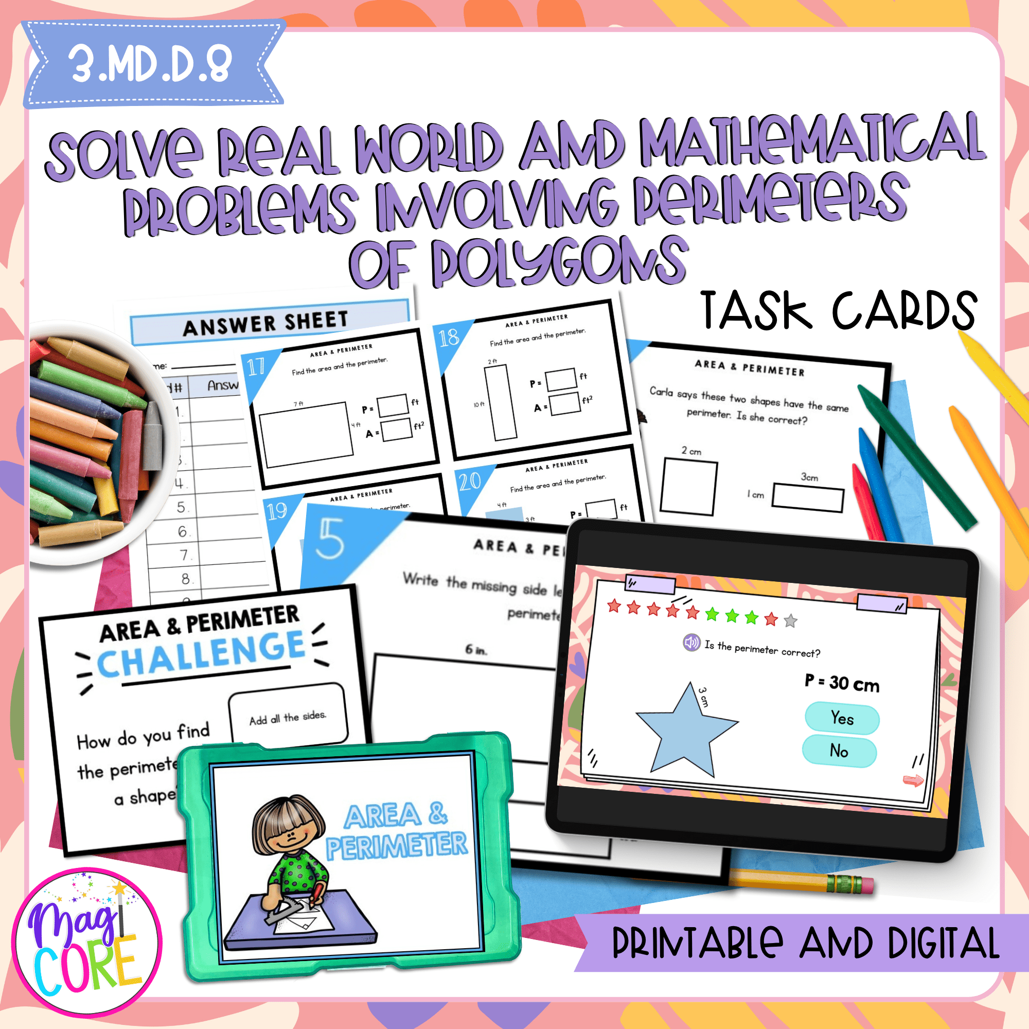 Area and Perimeter Shapes - 3rd Grade Math Task Cards 3.MD.D.8