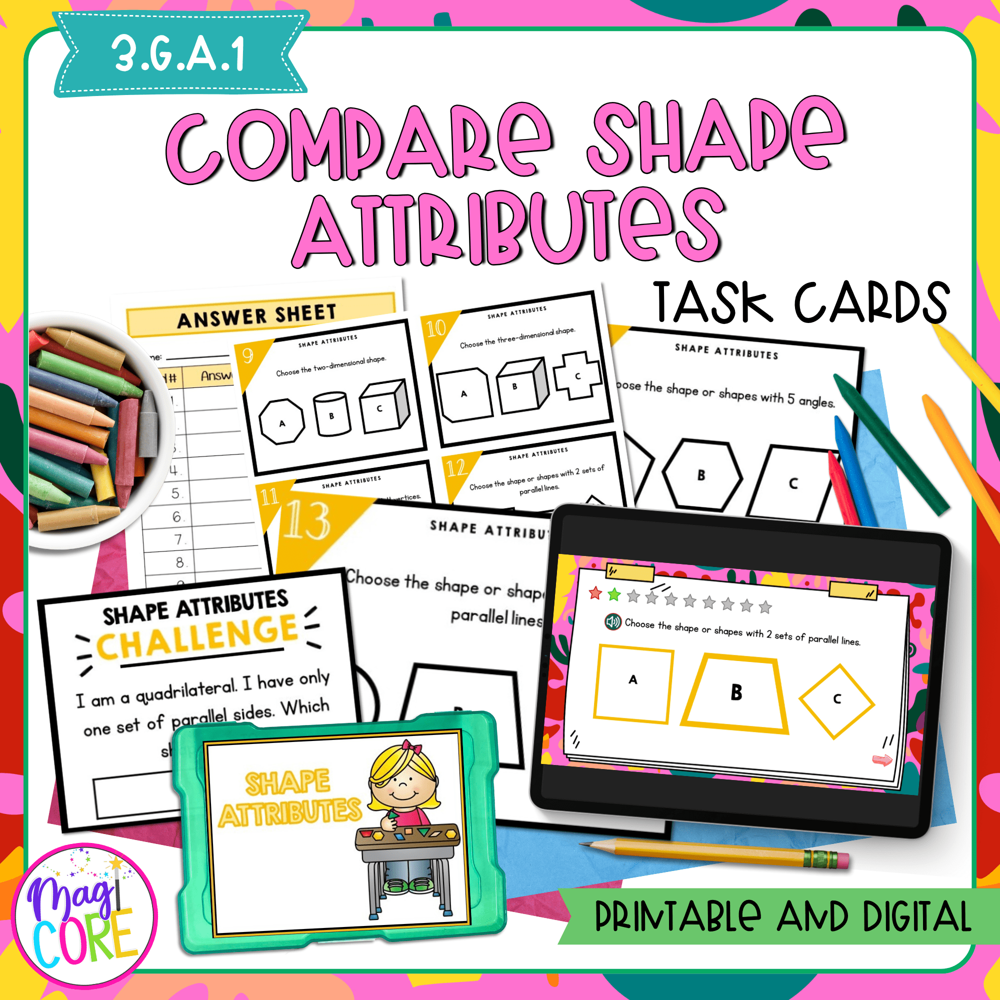 Compare Shape Attributes - 3rd Grade Math Task Cards - 3.G.A.1