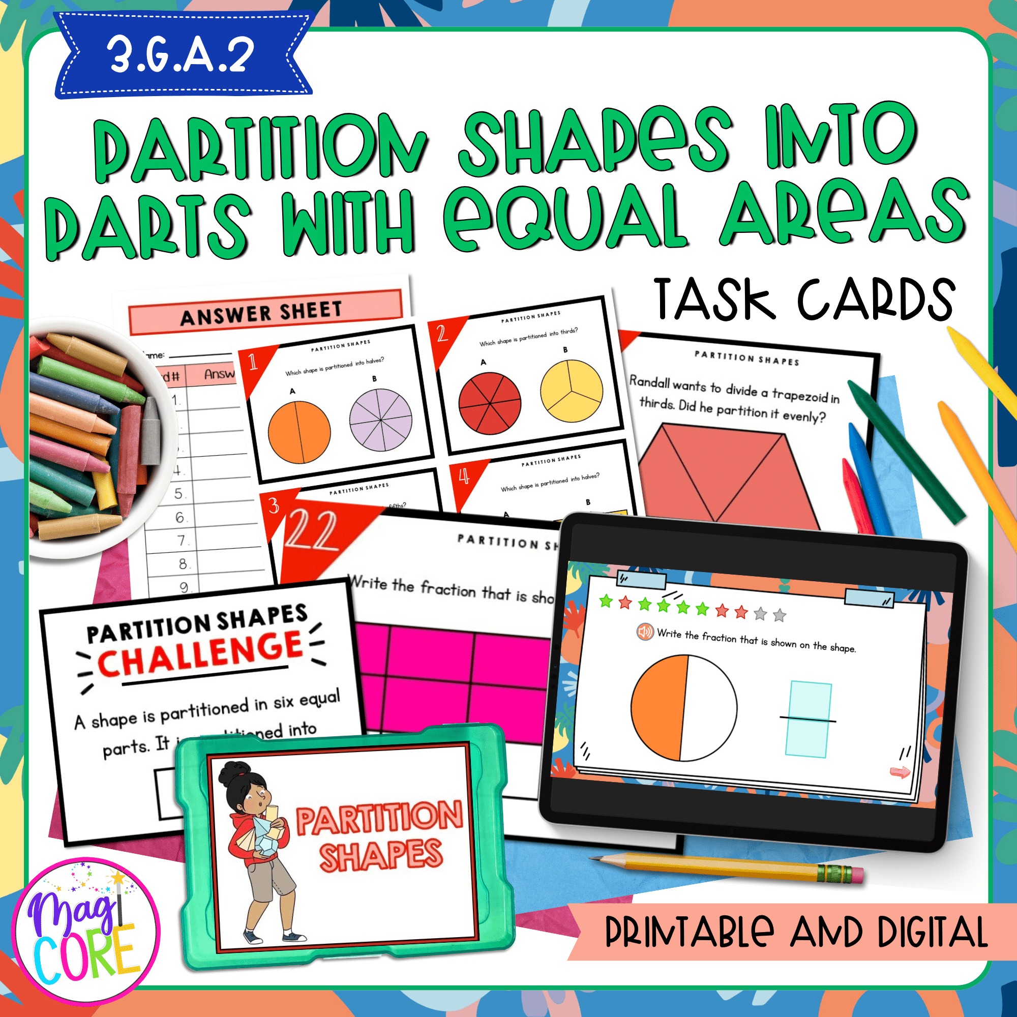 Partition Shapes Into Parts with Equal Areas - 3rd Grade Math Task Cards 3.G.A.2