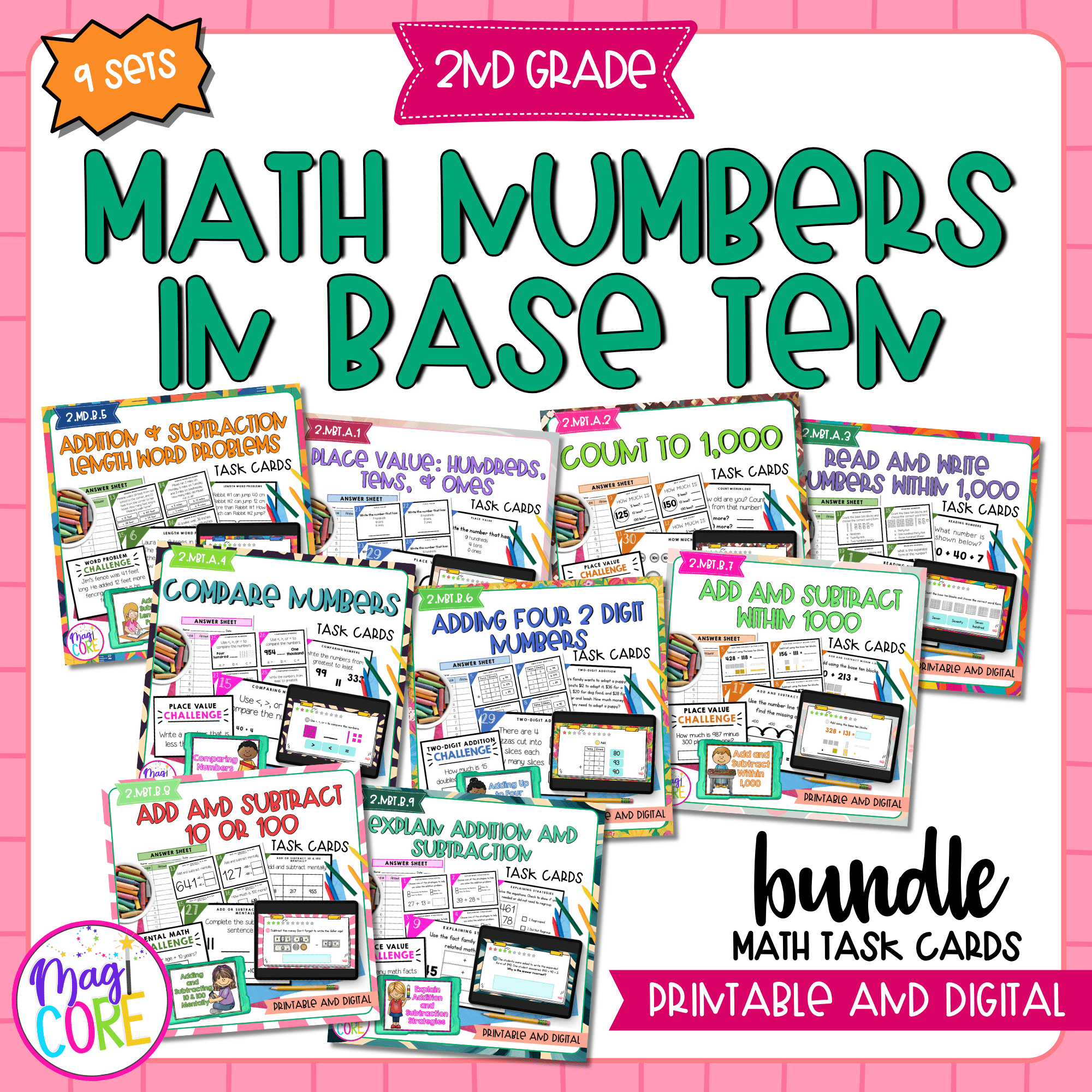 Numbers and Operations in Base Ten - 2nd Grade Math Task Card Bundle