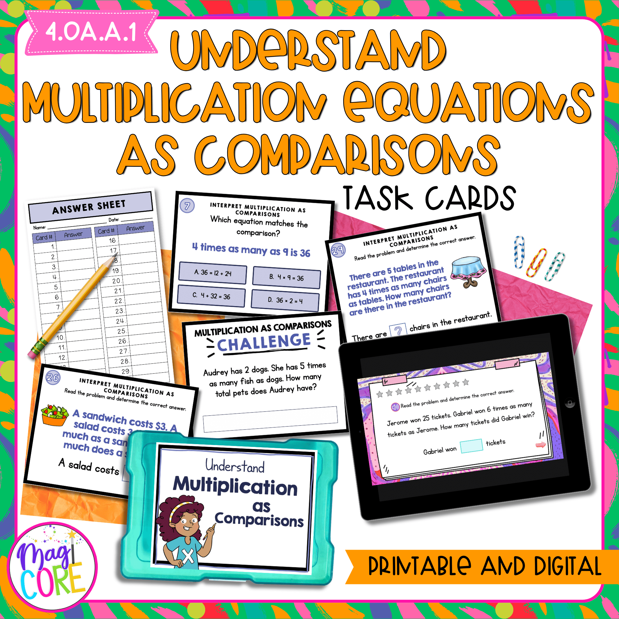 Multiplication as Comparisons - 4th Grade Task Cards - Print & Digital - 4.OA.1