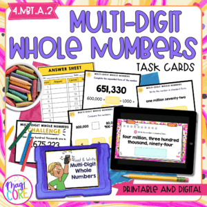 Read & Write Multi-Digit Whole Numbers - 4th Grade Task Cards - Print & Digital