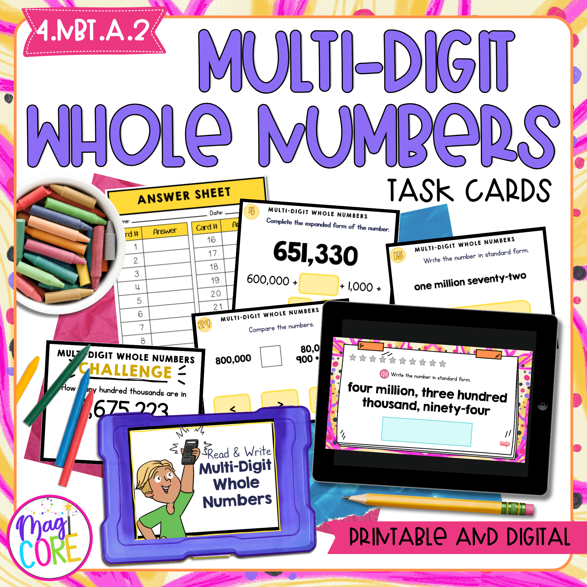 Read & Write Multi-Digit Whole Numbers - 4th Grade Task Cards - Print & Digital