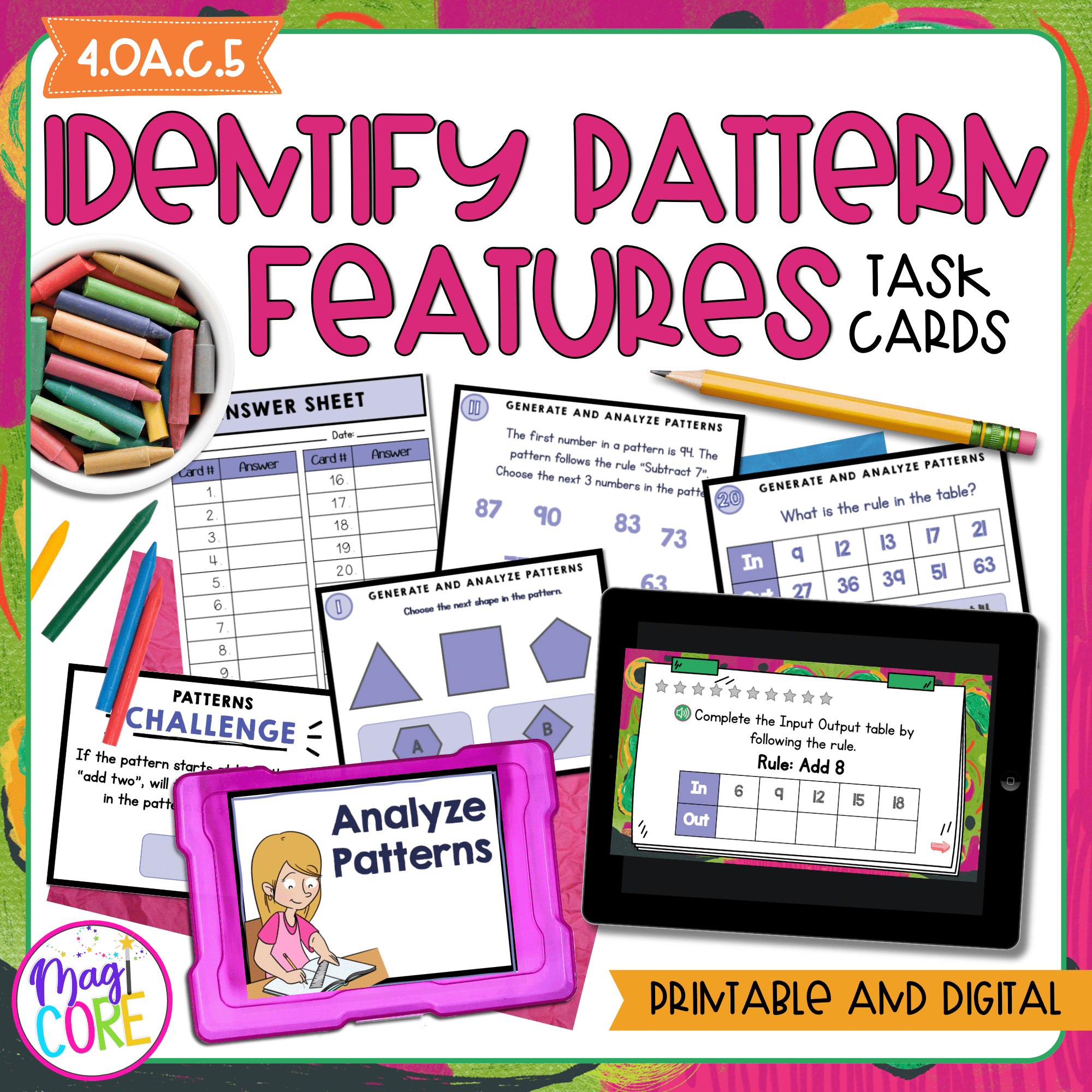 Number Patterns - 4th Grade Task Cards - 4.OA.C.5 - Print & Digital
