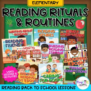 Cover showing different video lessons for teaching elementary level rituals and routines during back to school