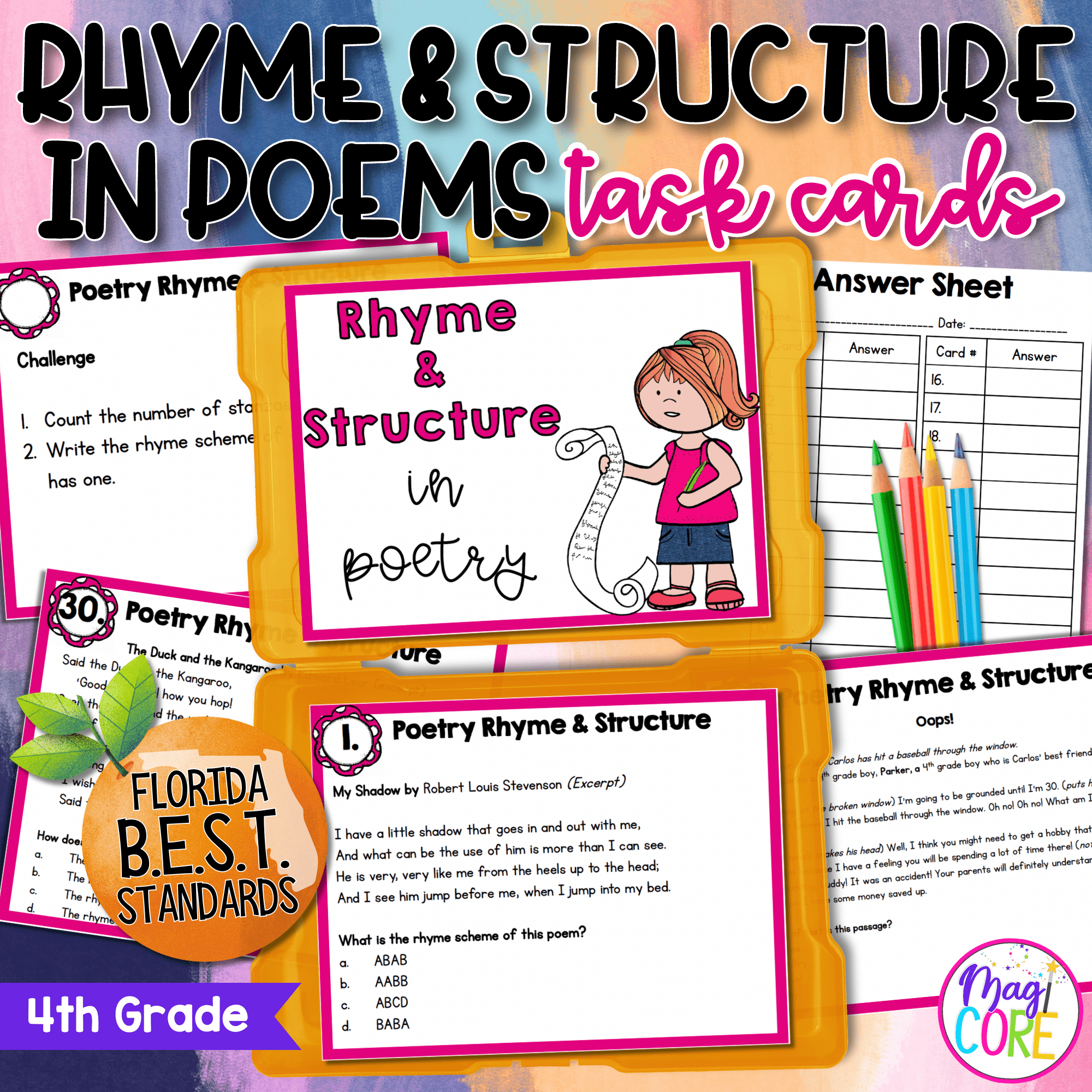 Rhyme & Structure in Poems Task Cards - 4th Grade FL BEST - ELA.4.R.1.4