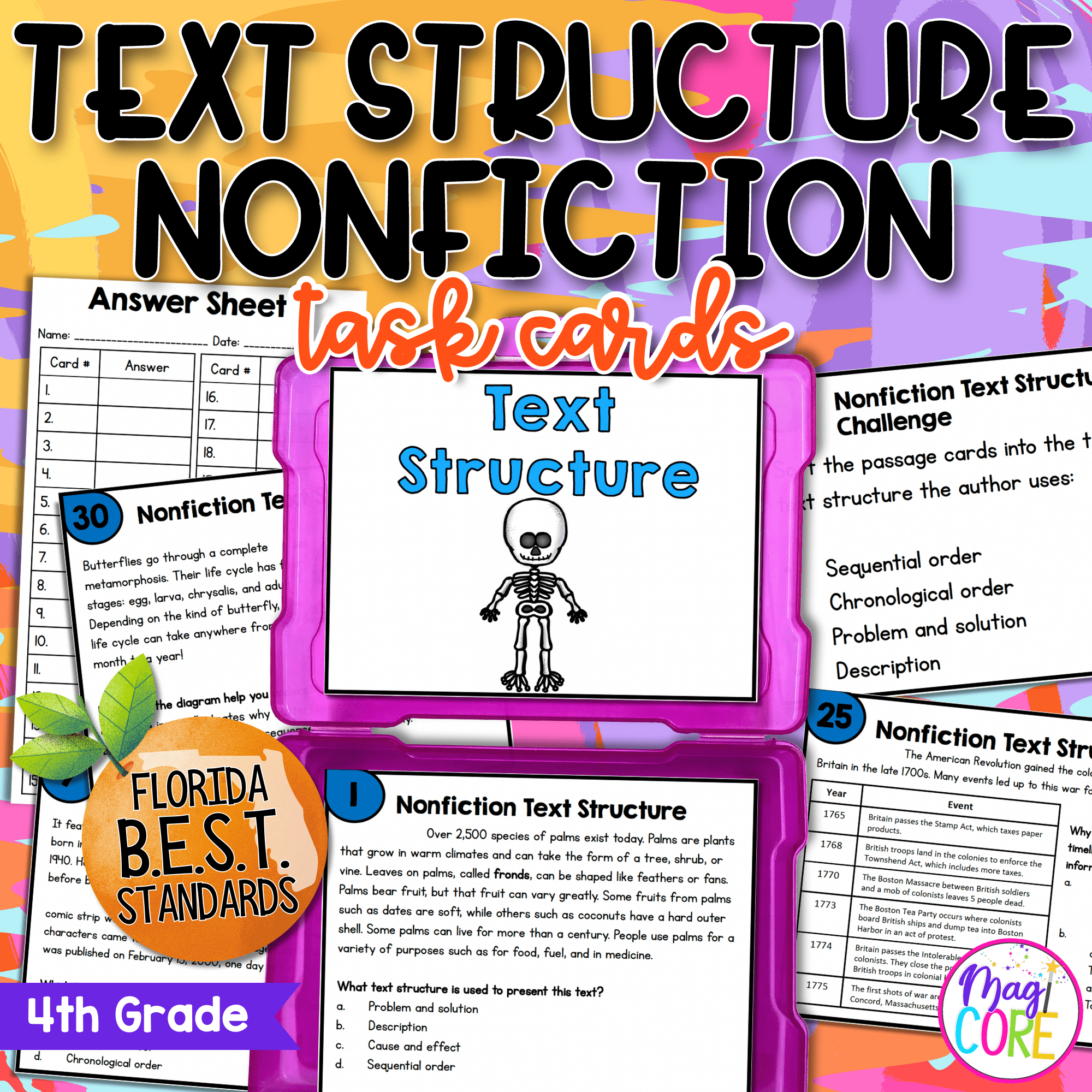 Nonfiction Text Structure Task Cards - 4th Grade FL BEST - ELA.4.R.2.1