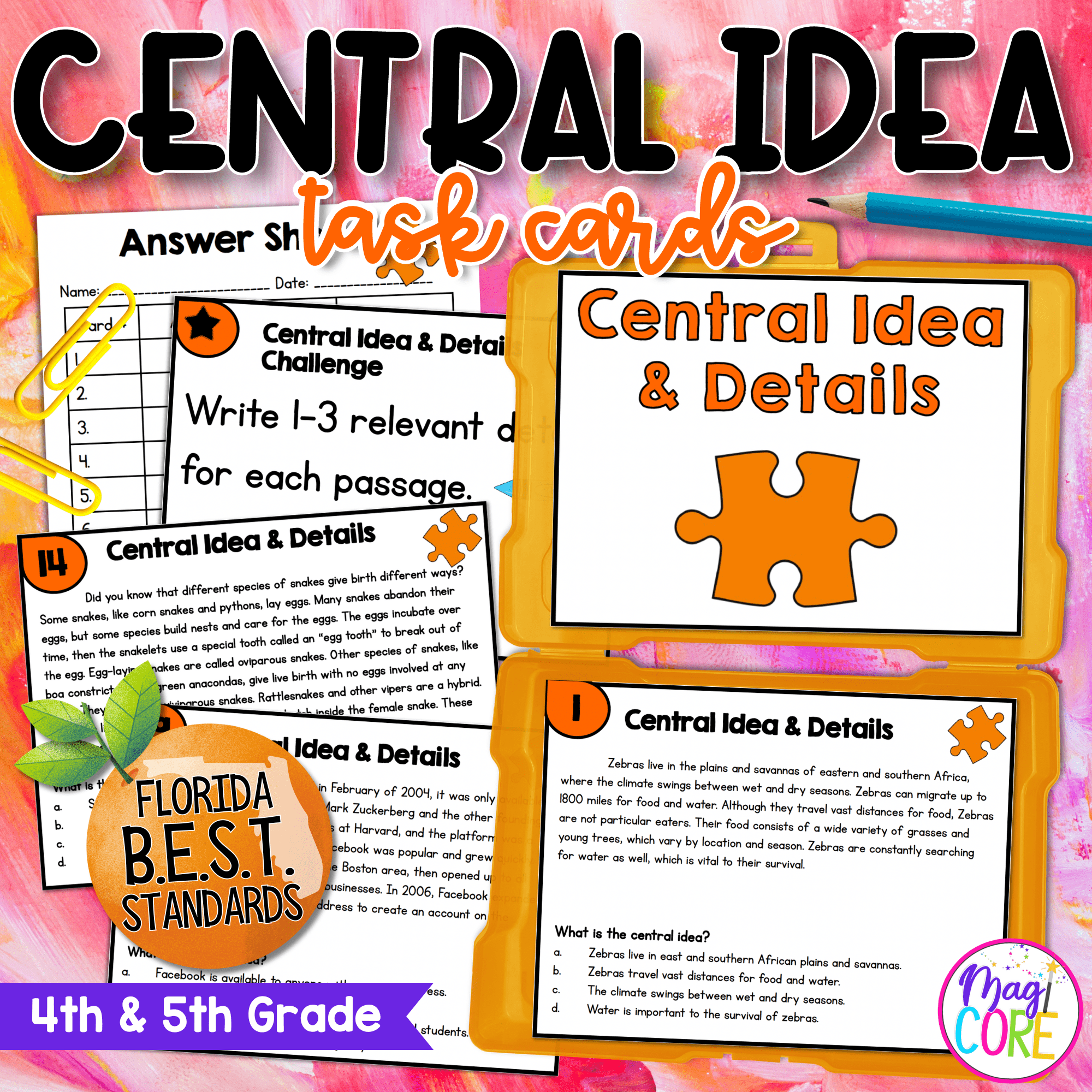 Central Idea Task Cards - 4th & 5th Grade FL BEST - ELA.4.R.2.2 & ELA.5.R.2.2