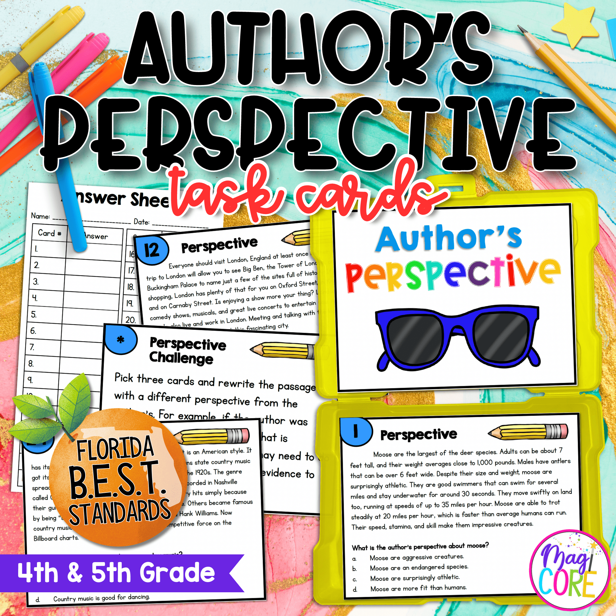 Author's Perspective Task Cards - 4th & 5th Grade - FL BEST ELA.4.R.2.3/5.R.2.3