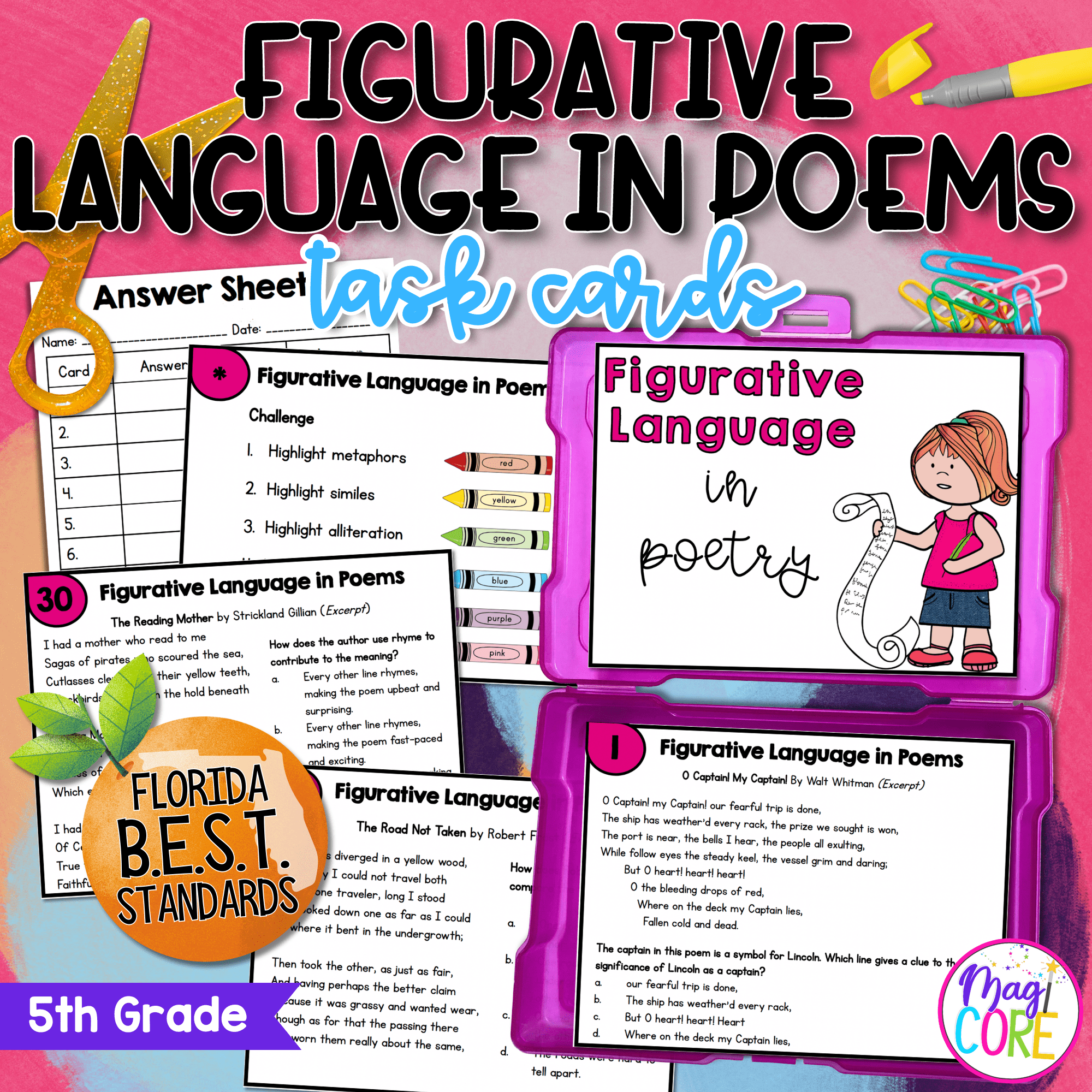 Figurative Language in Poems Task Cards - 5th Grade FL BEST - ELA.5.R.1.4