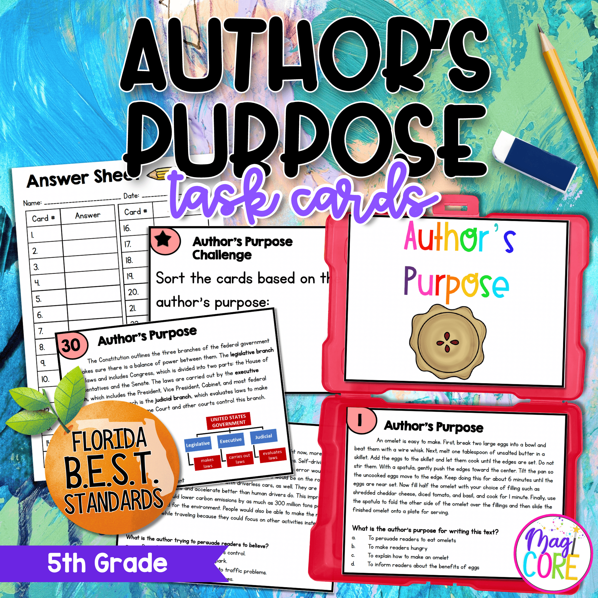 Author's Purpose Task Cards - 5th Grade - Florida BEST ELA.5.R.2.3