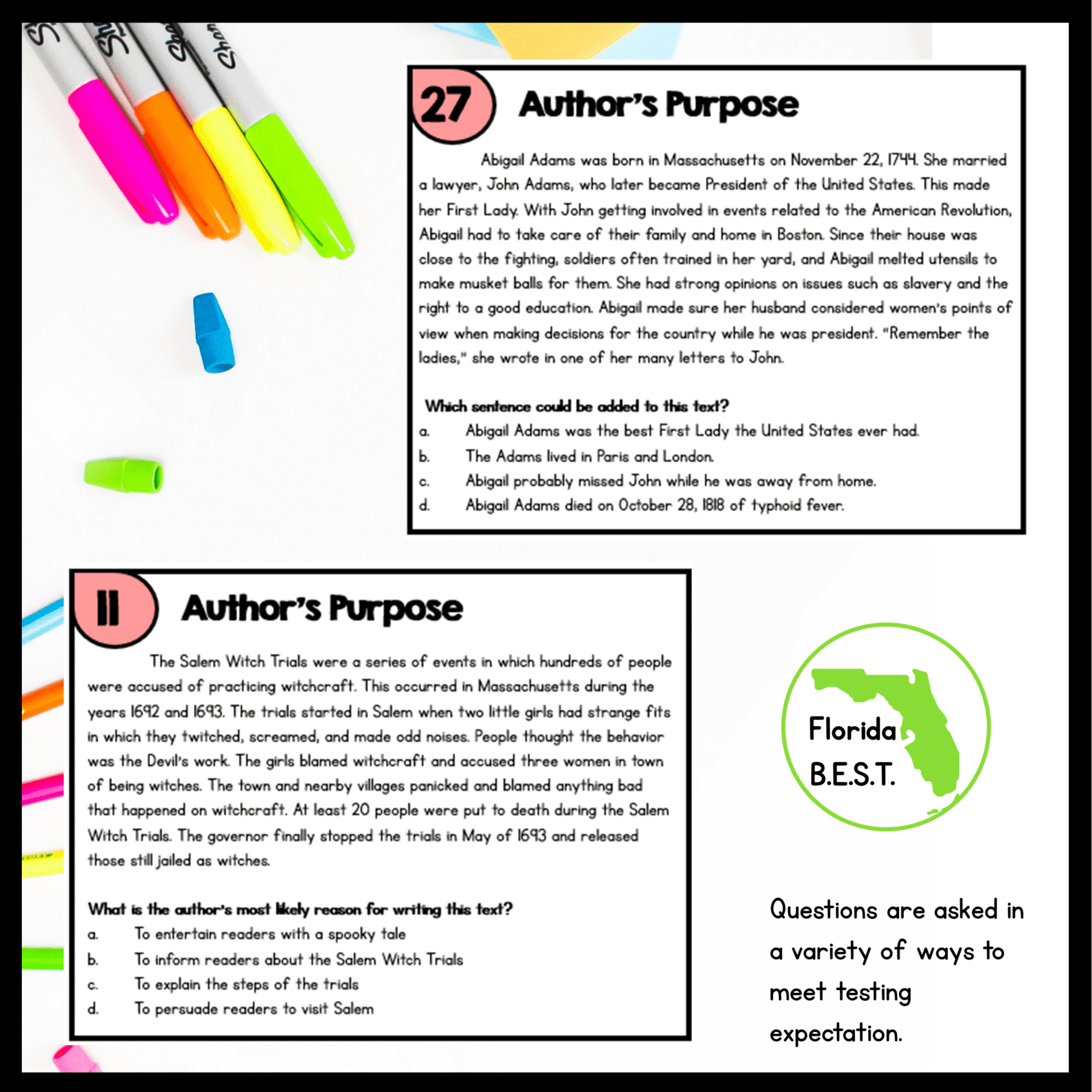 Author's Purpose Task Cards - 5th Grade - Florida BEST ELA.5.R.2.3 - Image 4