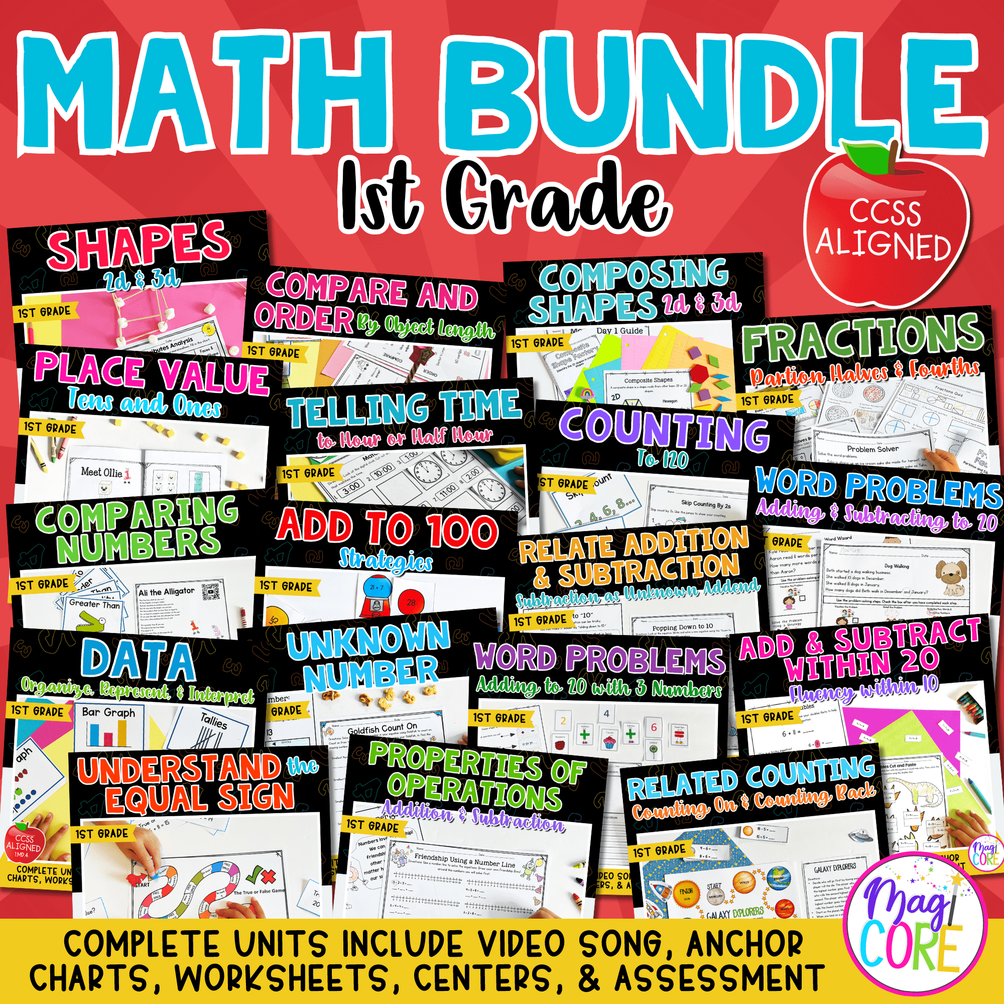 1st Grade Math Curriculum Bundle - Lessons Videos Worksheets Assessments More