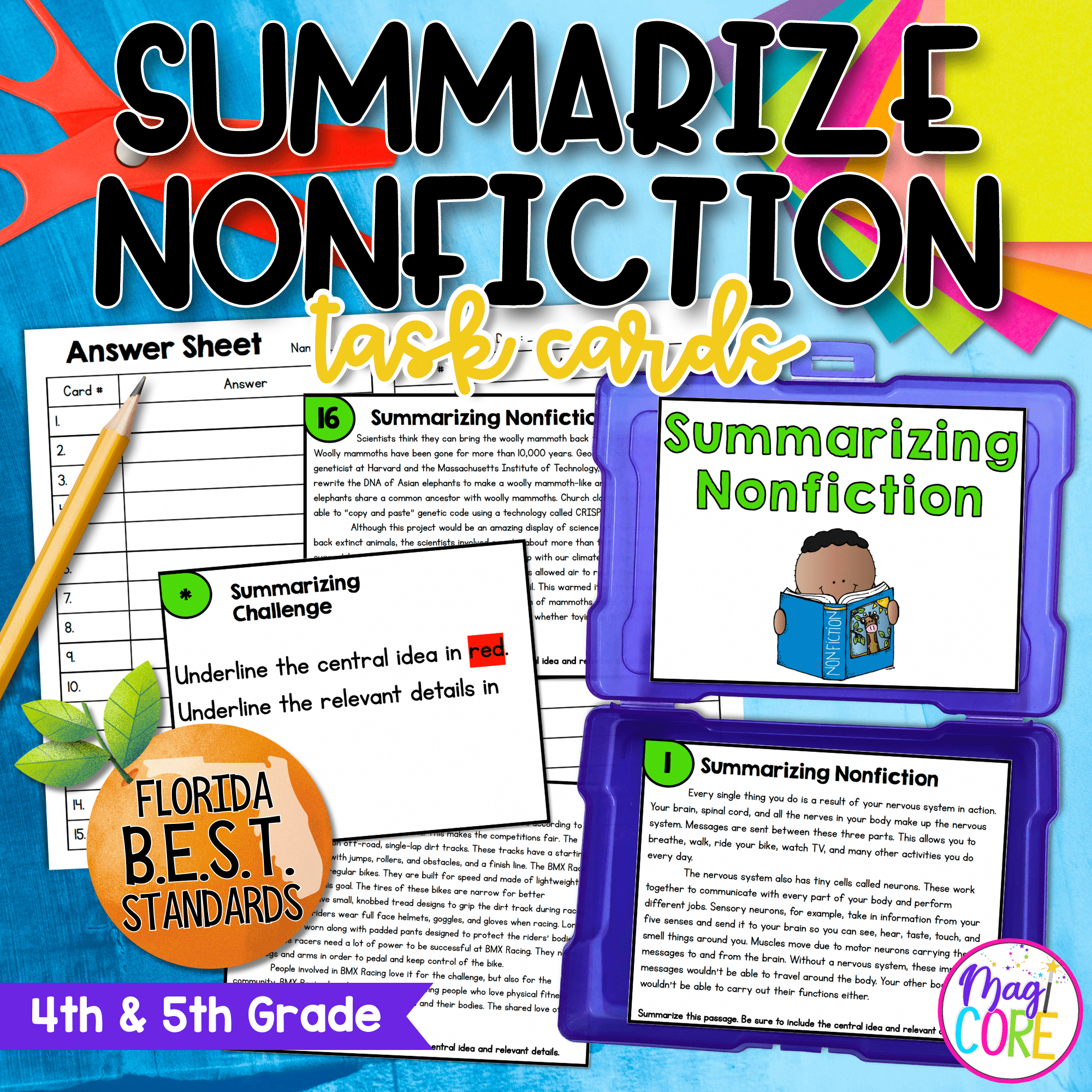 Summarizing Nonfiction Task Cards 4th & 5th Grade - FL BEST ELA.4.R.3.2/5.R.3.2