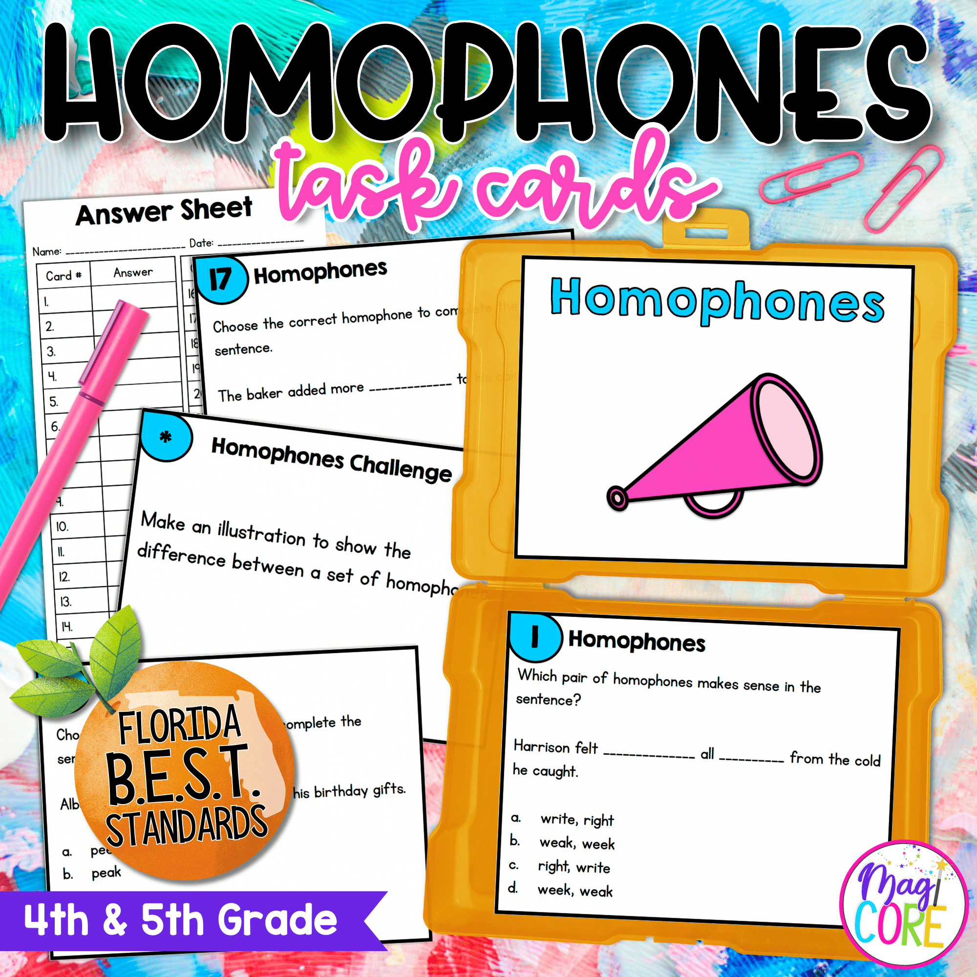 Homophones Task Cards - 4th & 5th Grade - FL BEST ELA.4.V.1.3 & ELA.5.V.1.3