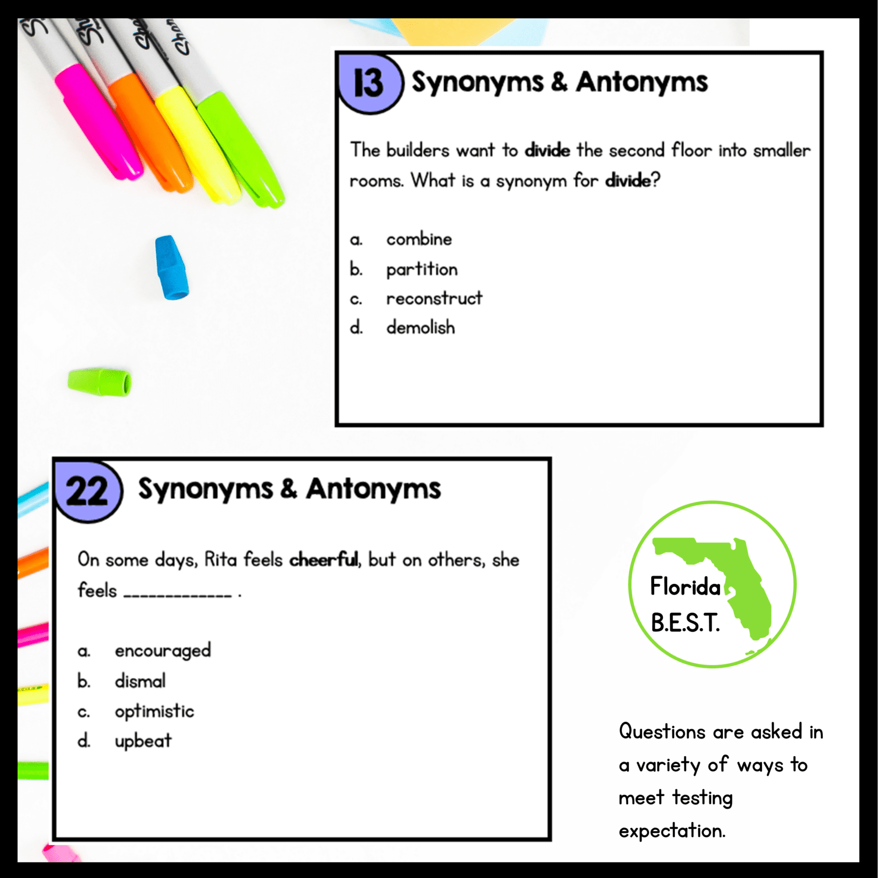 Synonyms & Antonyms Task Cards - 4th & 5th Grade FL BEST ELA.4.V.1.3 ELA.5.V.1.3 - Image 4