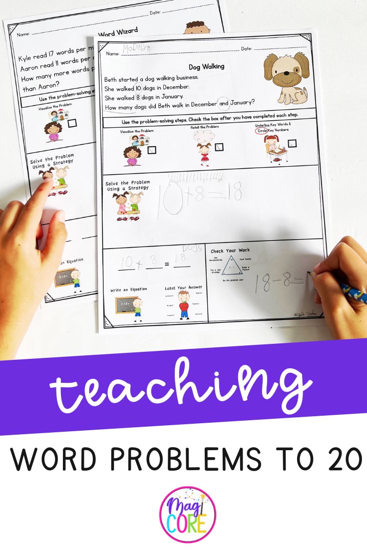 Teaching word problems to 20 for first grade math.