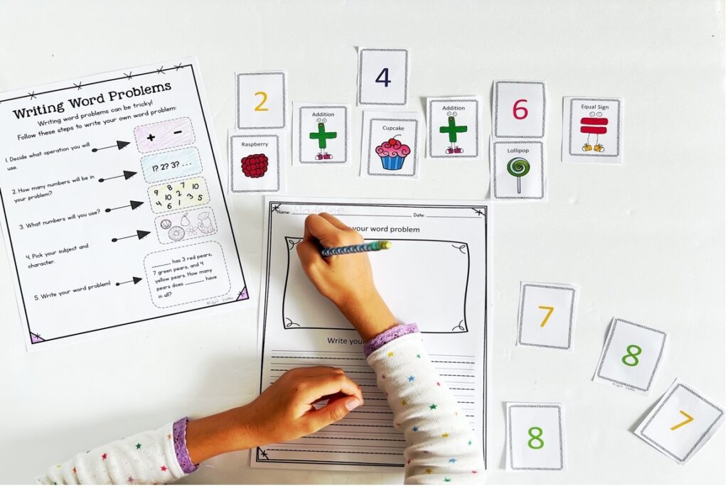 Students create their own word problem using three numbers.