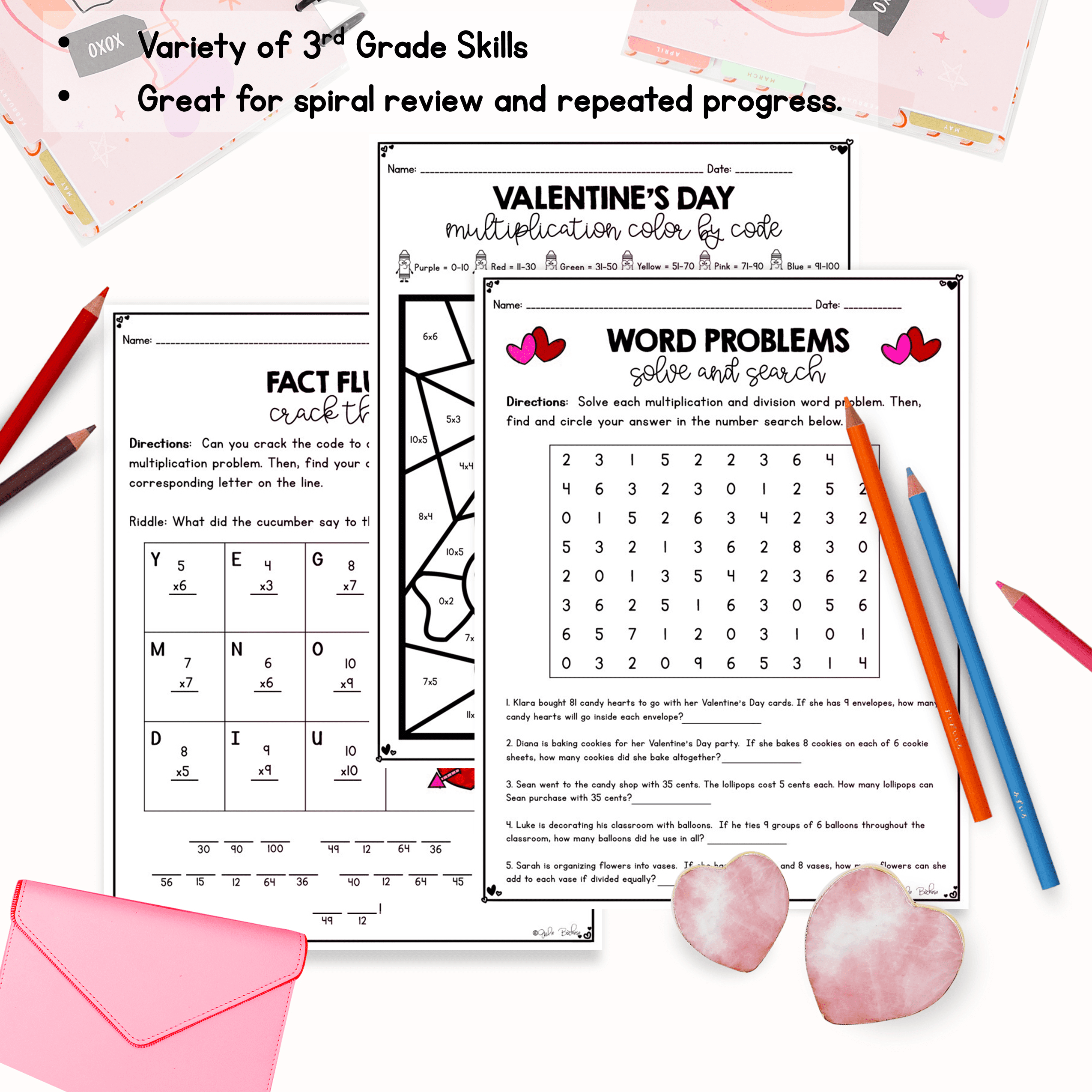February Themed Math Practice - 3rd Grade - Image 3