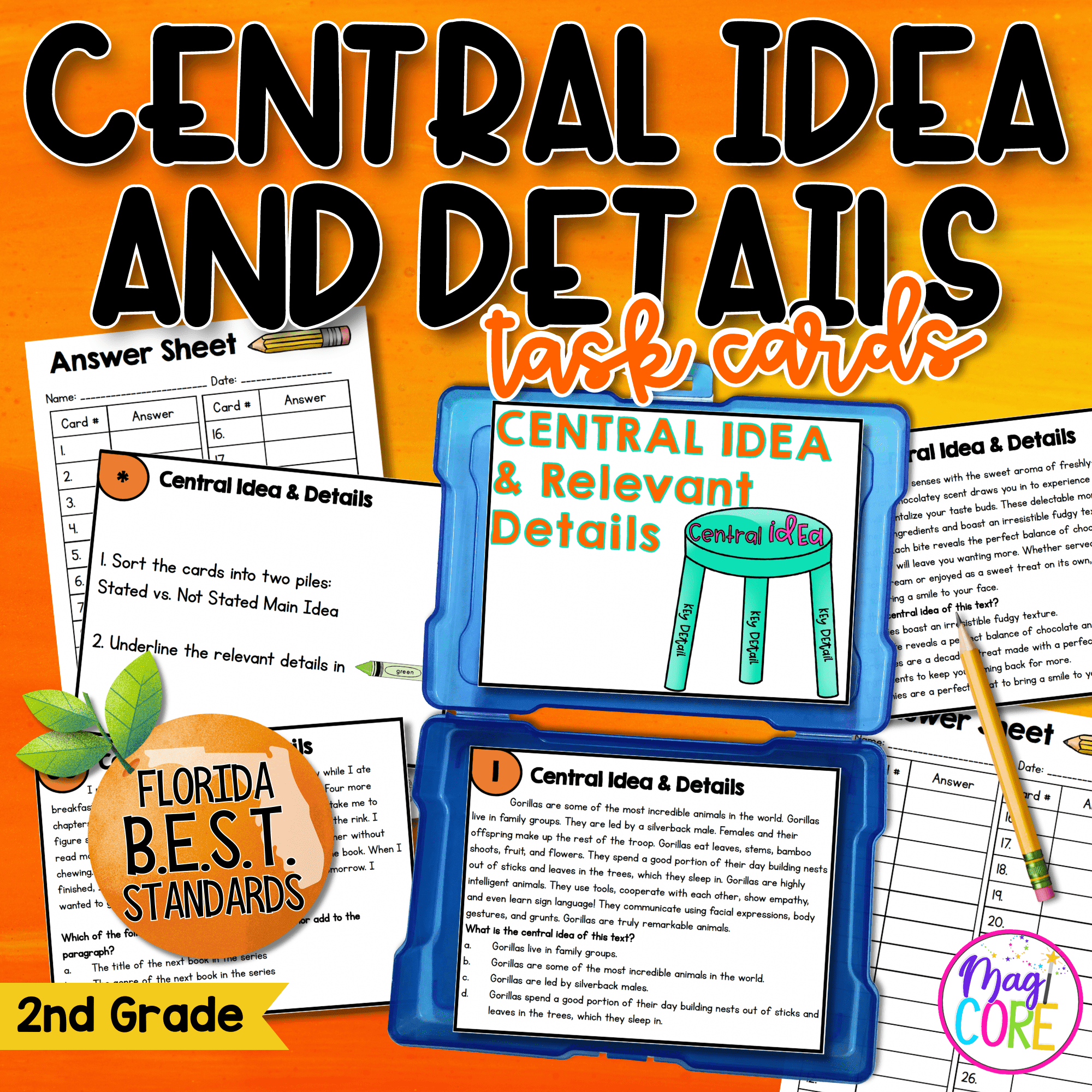 Central Idea & Details Task Cards - 2nd-3rd Grade - FL BEST ELA.2.R.2.2/3.R.2.2
