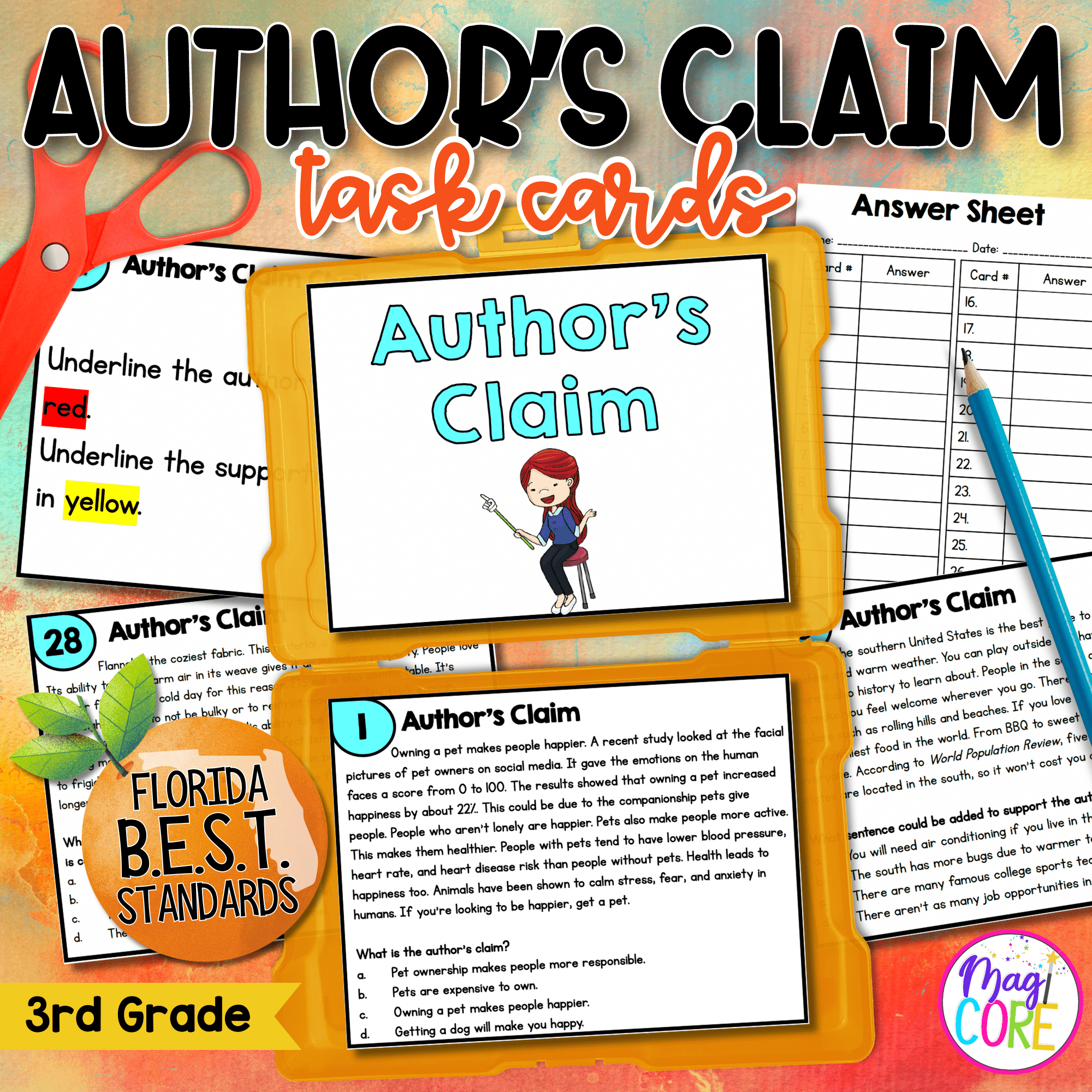 Author's Claim Reading Task Cards - 3rd Grade - Florida FL BEST ELA.3.R.2.4