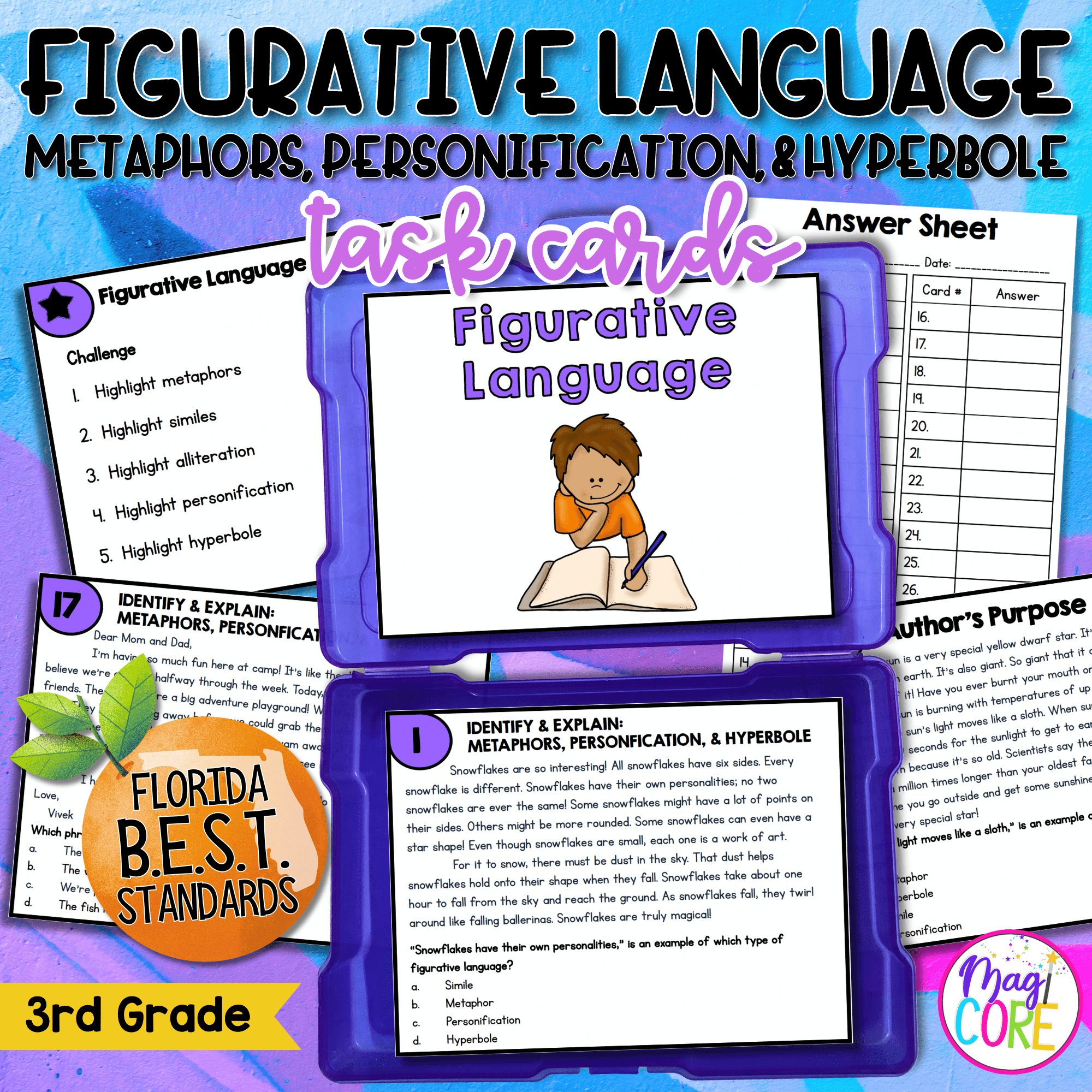 Figurative Language Reading Task Cards - 3rd Grade - FL BEST ELA.3.R.3.1 Center